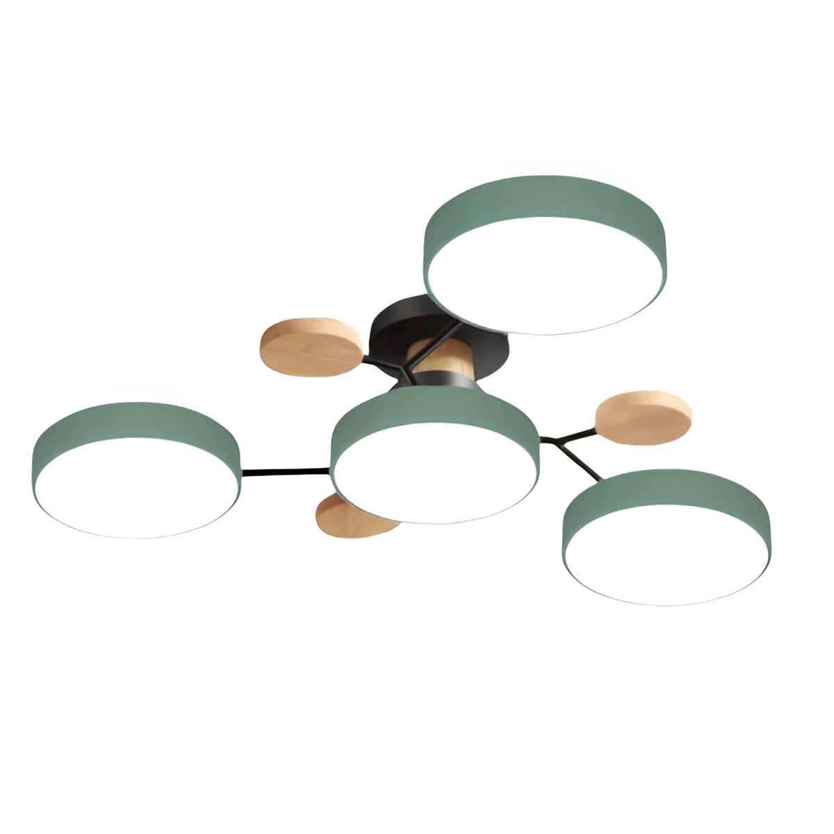 Modern geometric chandelier with a matte black and wood finish, featuring multiple bulbs, with a design reminiscent of abstract art and geometric shapes.