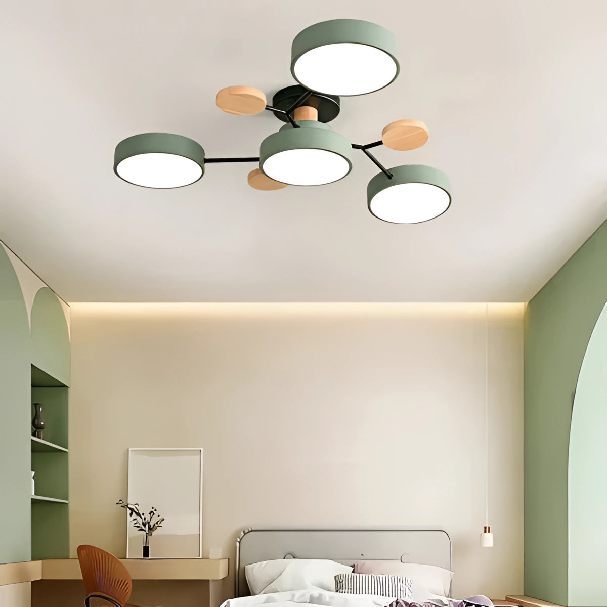 Modern geometric chandelier with a matte black and wood finish, featuring multiple bulbs and a sleek design, hanging in a stylish interior setting with a white and green color palette.