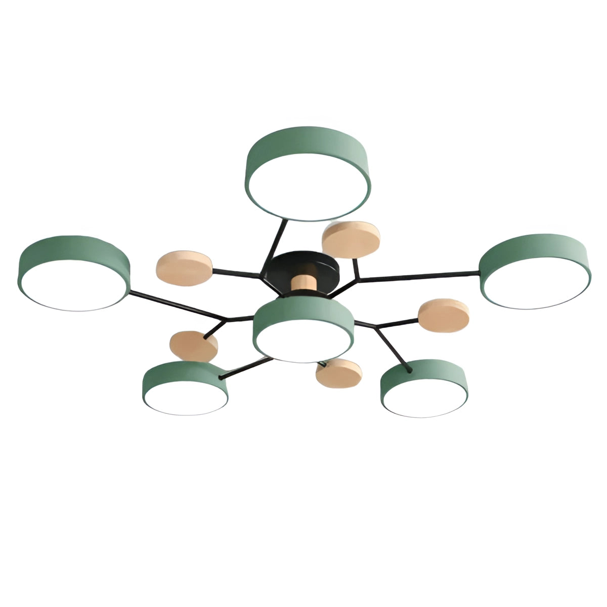 Modern geometric chandelier with a matte black frame and wooden accents, featuring multiple exposed bulbs arranged in a circular design.