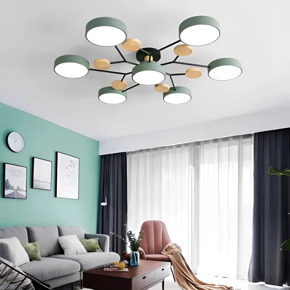 Modern geometric chandelier with a matte black finish and wood accents, featuring a multi-bulb fixture, hanging in an elegantly designed interior space.