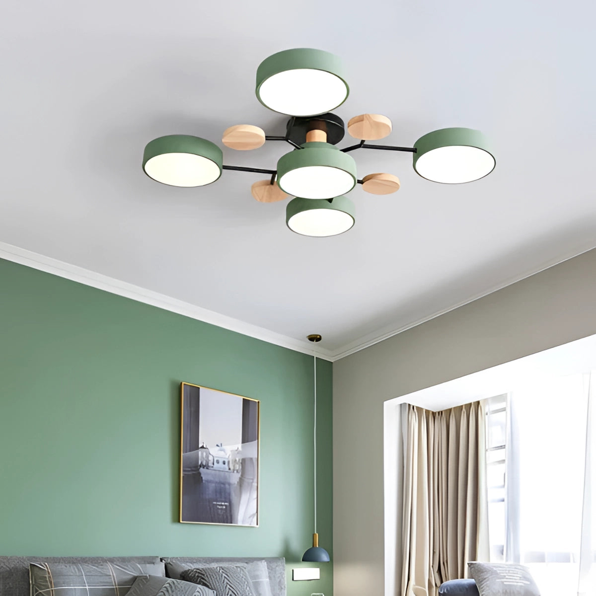 Modern geometric chandelier with a matte black and wood design, featuring multiple bulbs, elegantly hanging in a well-lit interior space.