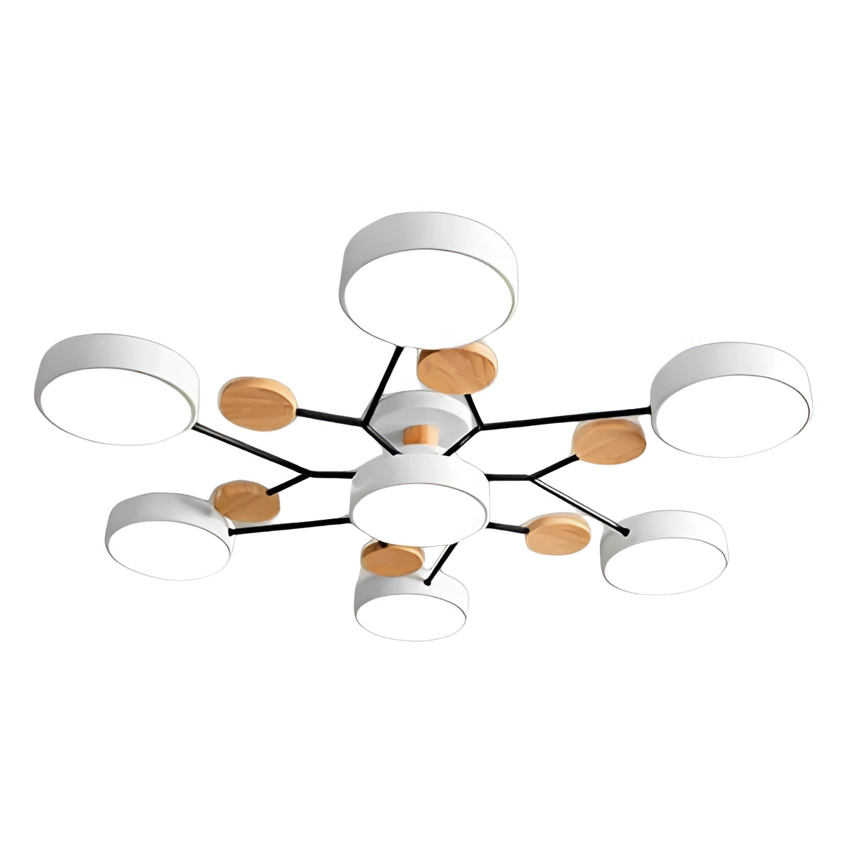 Modern geometric chandelier featuring a matte black finish and wood accents with multiple bulbs, suspended from the ceiling.