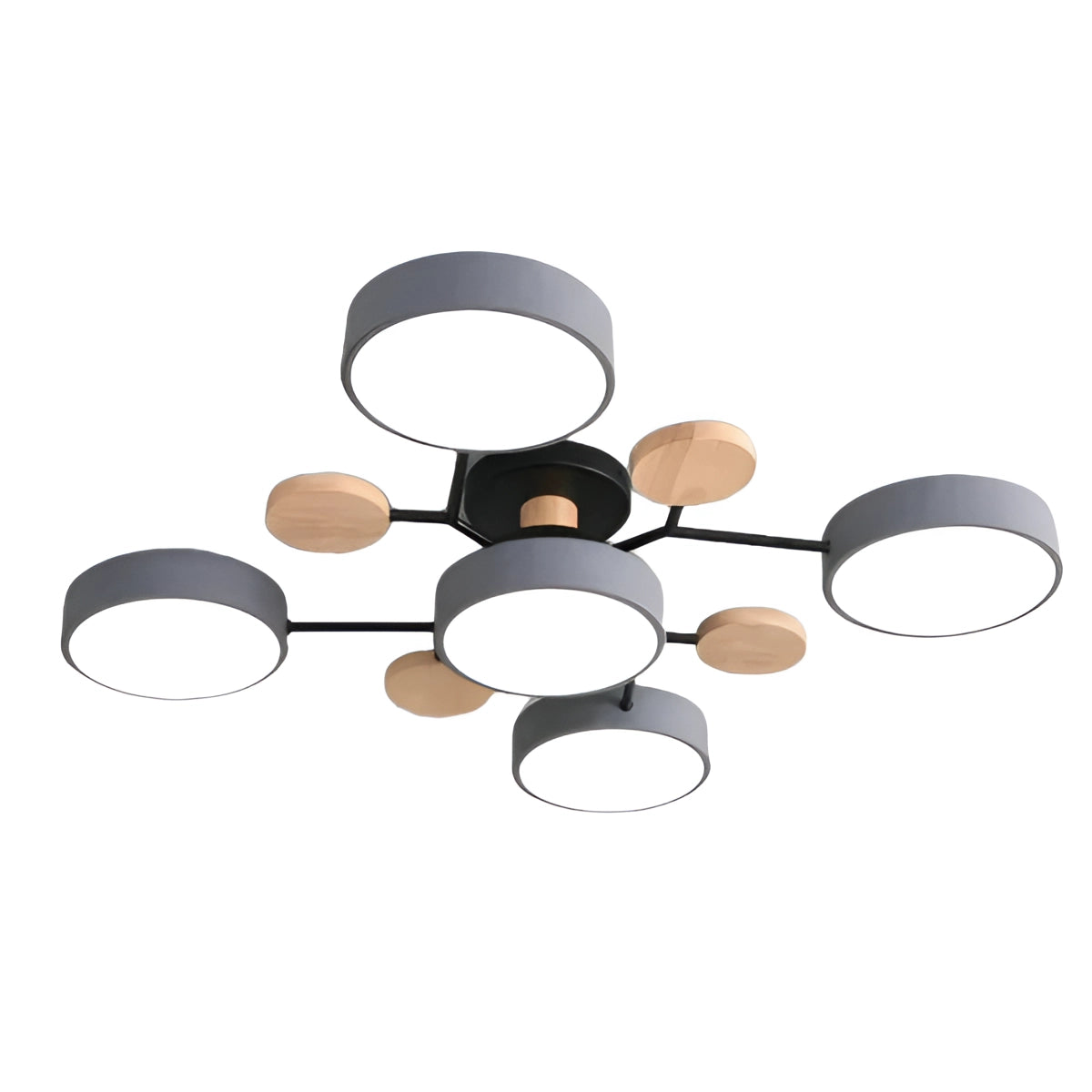 Modern geometric chandelier with a matte black and wood design featuring multiple bulbs, suspended from the ceiling.
