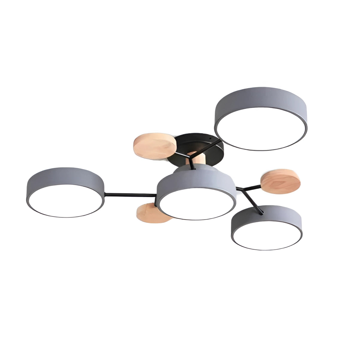 Modern geometric chandelier featuring a matte black and wood design with multiple bulbs, hanging in a contemporary interior setting.