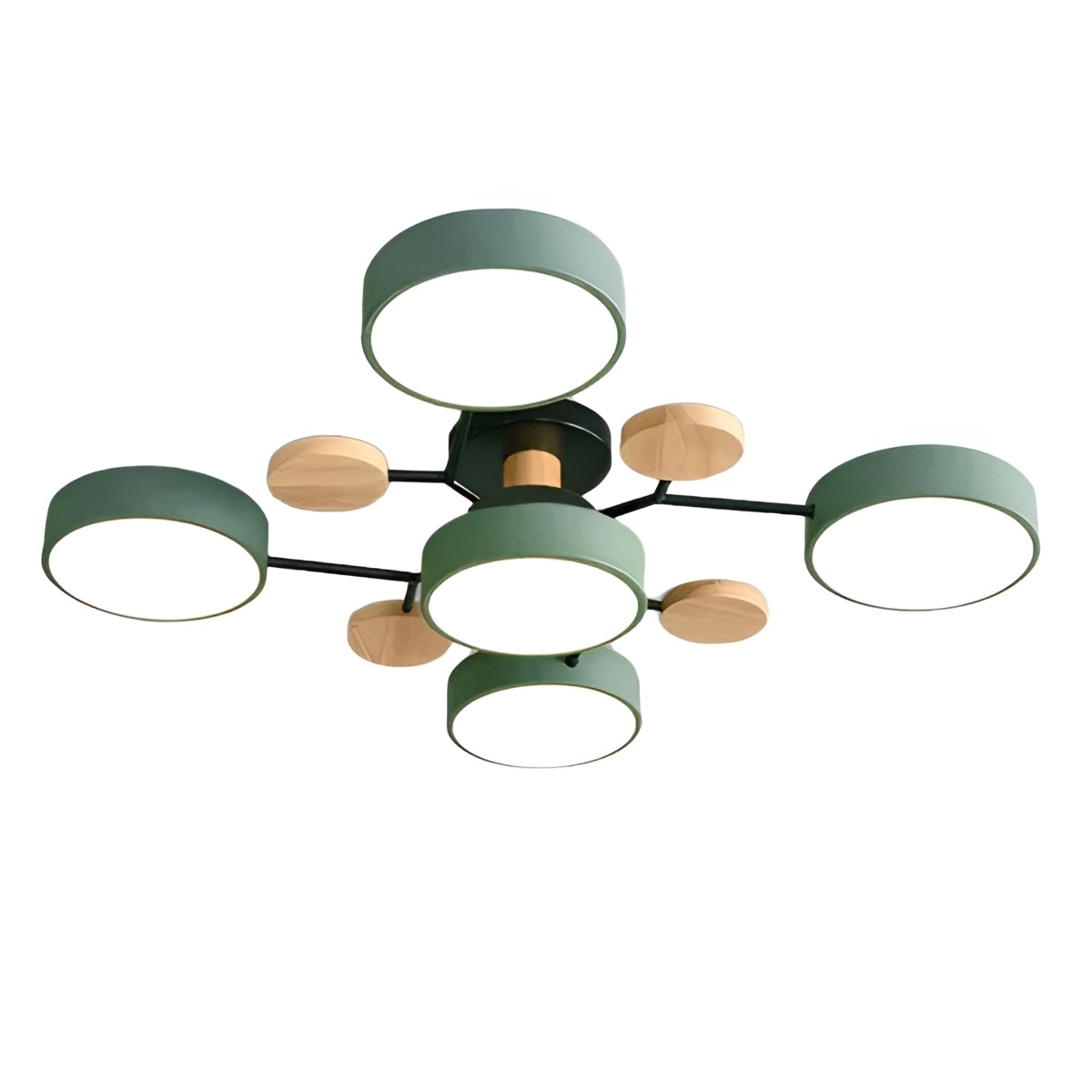 Modern geometric chandelier in matte black and wood finish featuring multiple bulbs, hanging in a contemporary interior setting with visible elements of plants and minimalist decor in the background.