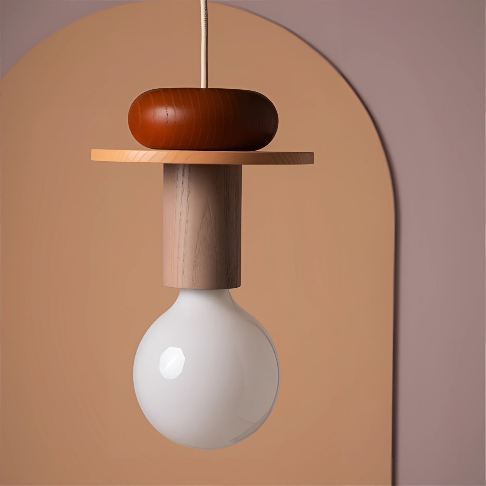Modern geometric LED pendant light with colorful wood blocks, featuring a circular lampshade and a hardwood finish, hanging from the ceiling.