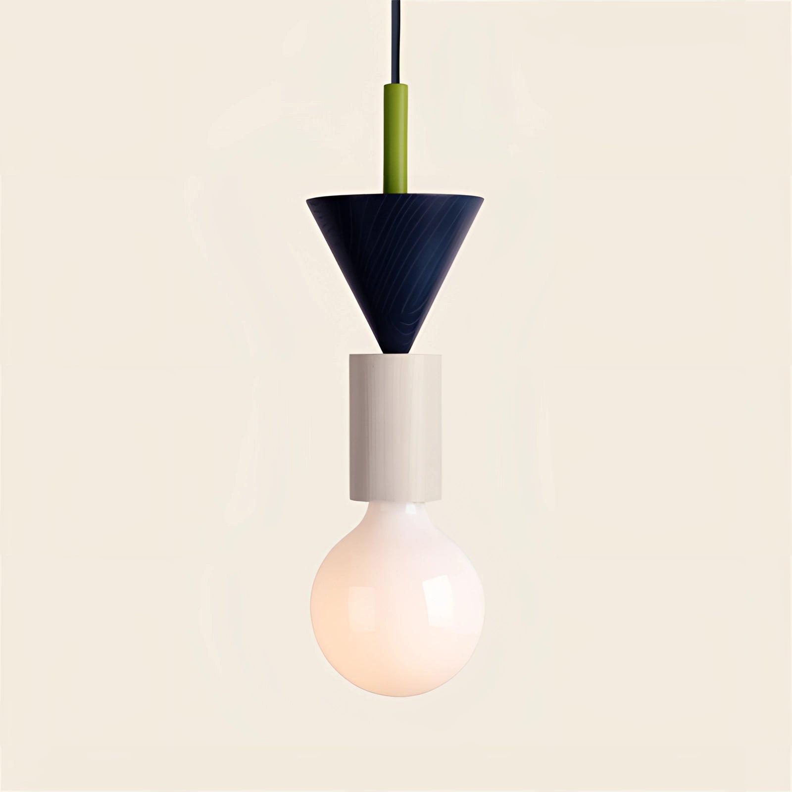 Modern geometric LED pendant light featuring colorful wood blocks, black variant, hanging from the ceiling, illuminating the room with an artistic and contemporary design.