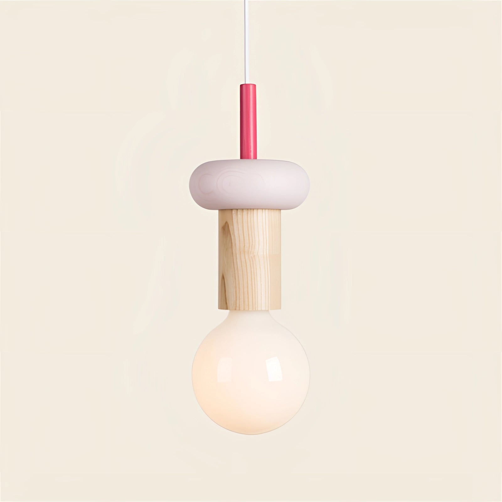 Modern Geometric LED Pendant Light with colorful wood blocks in beige, featuring circular and geometric shapes, hanging from the ceiling.