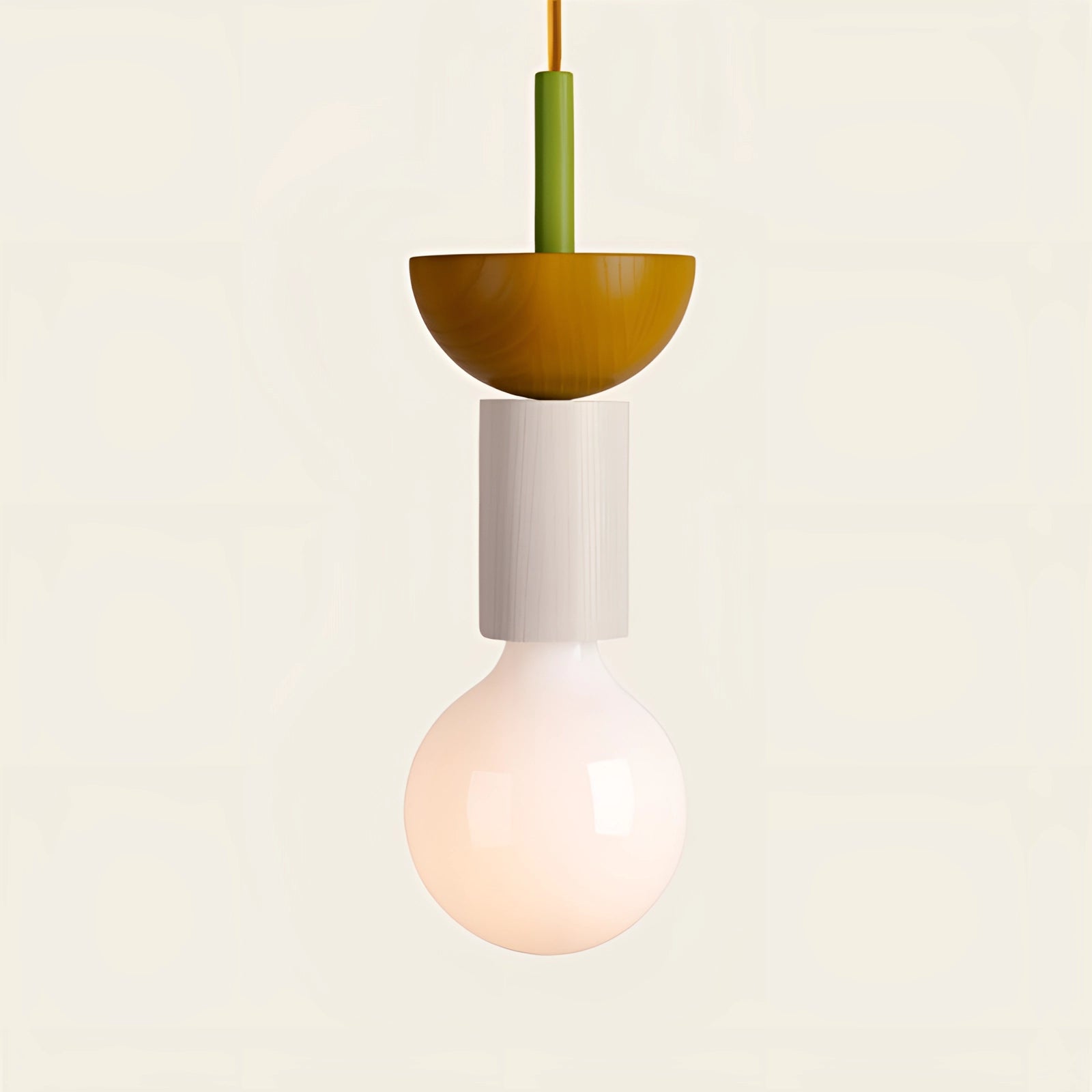 Modern Geometric LED Pendant Light with colorful wood blocks in taupe and brown, suspended from ceiling, featuring circular design elements and integrated light fixture.