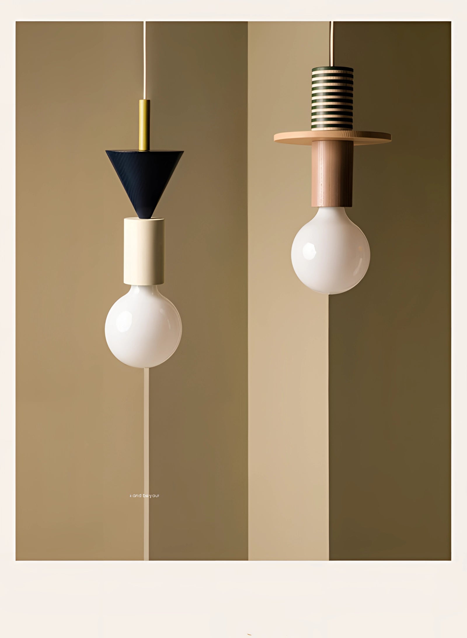 Modern geometric LED pendant light featuring colorful wood blocks with a rectangular and circular design, hanging from the ceiling as a unique ceiling fixture.