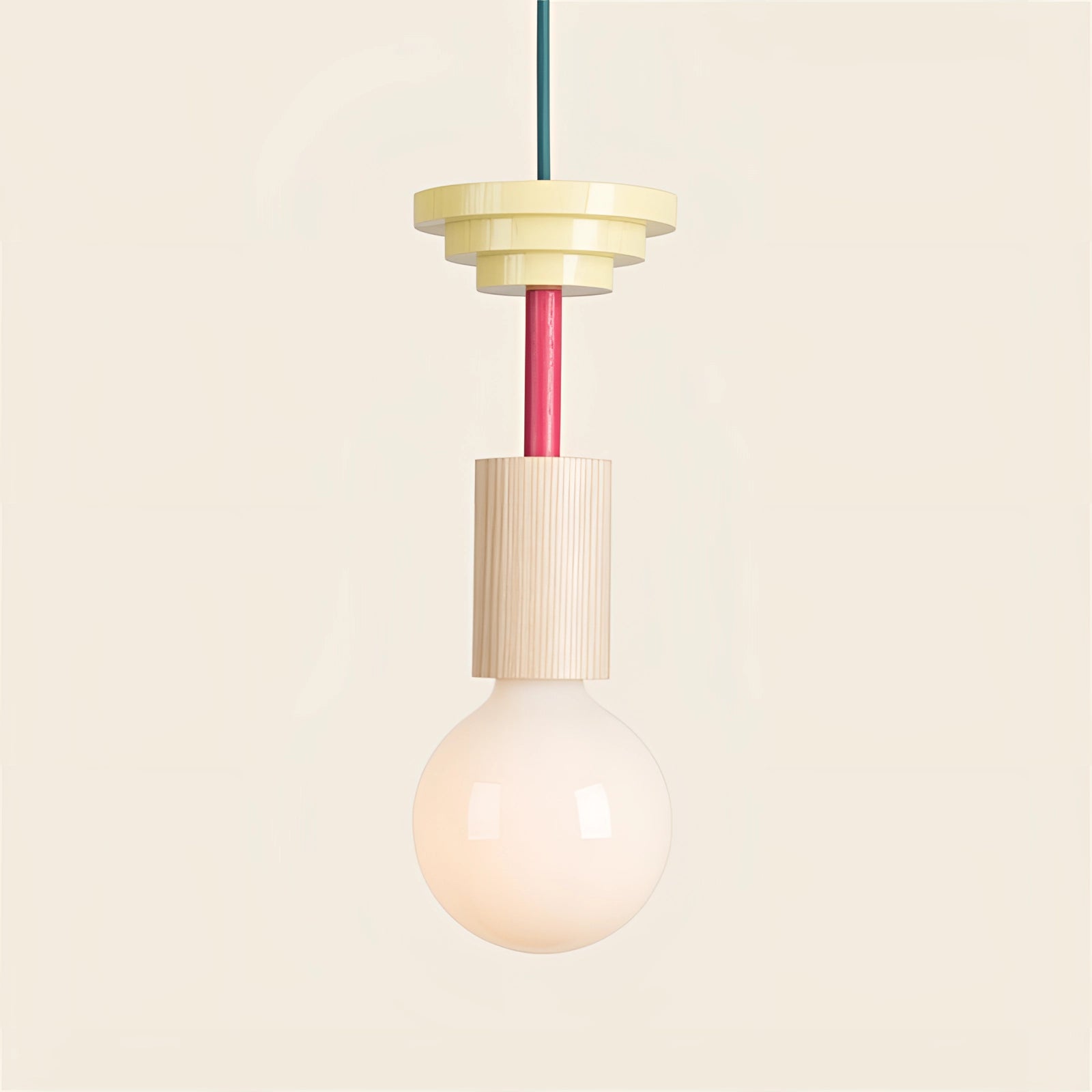 Modern geometric LED pendant light with colorful wooden blocks in beige and yellow, hanging from the ceiling.