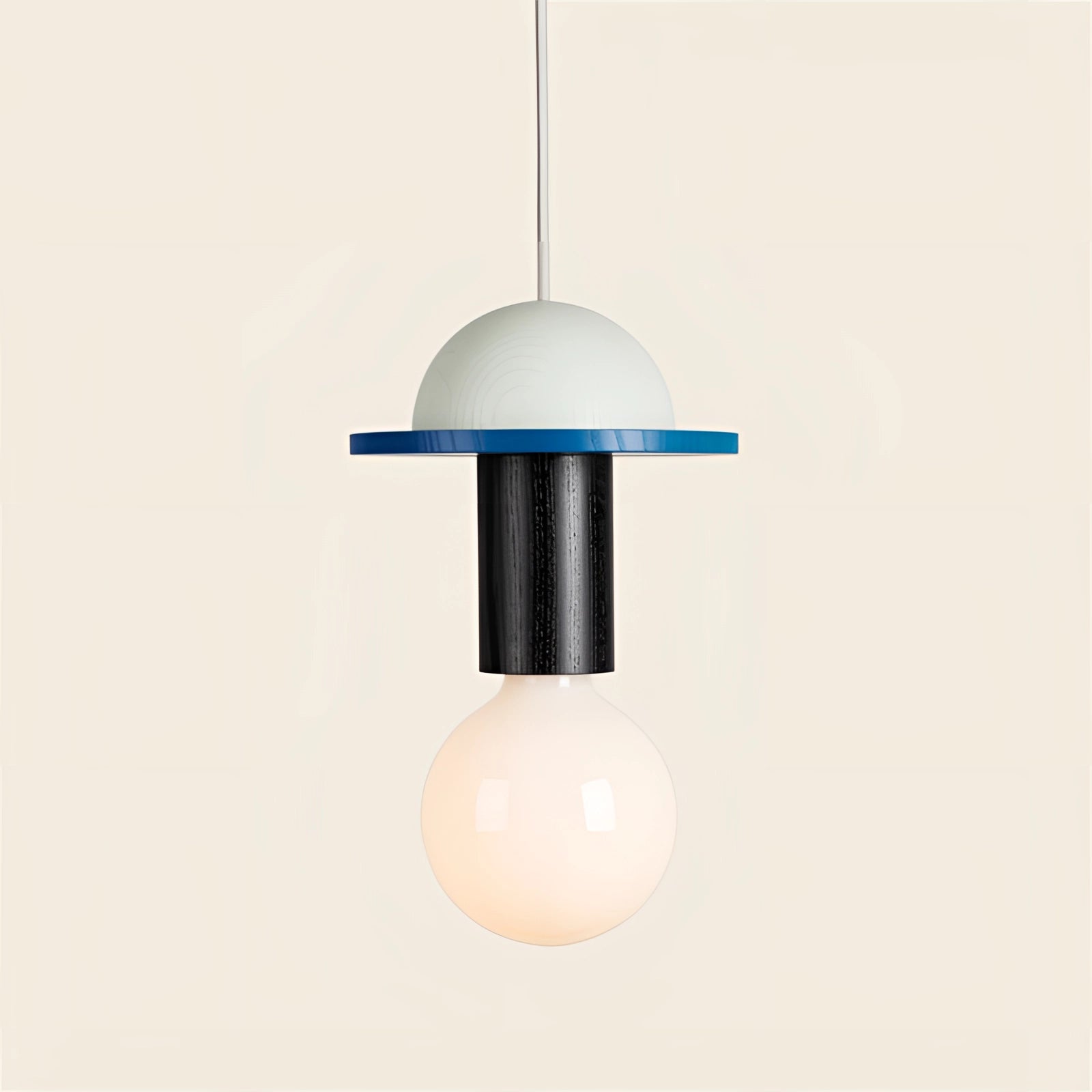 Modern Geometric LED Pendant Light with colorful wooden blocks in blue variant, hanging from the ceiling.