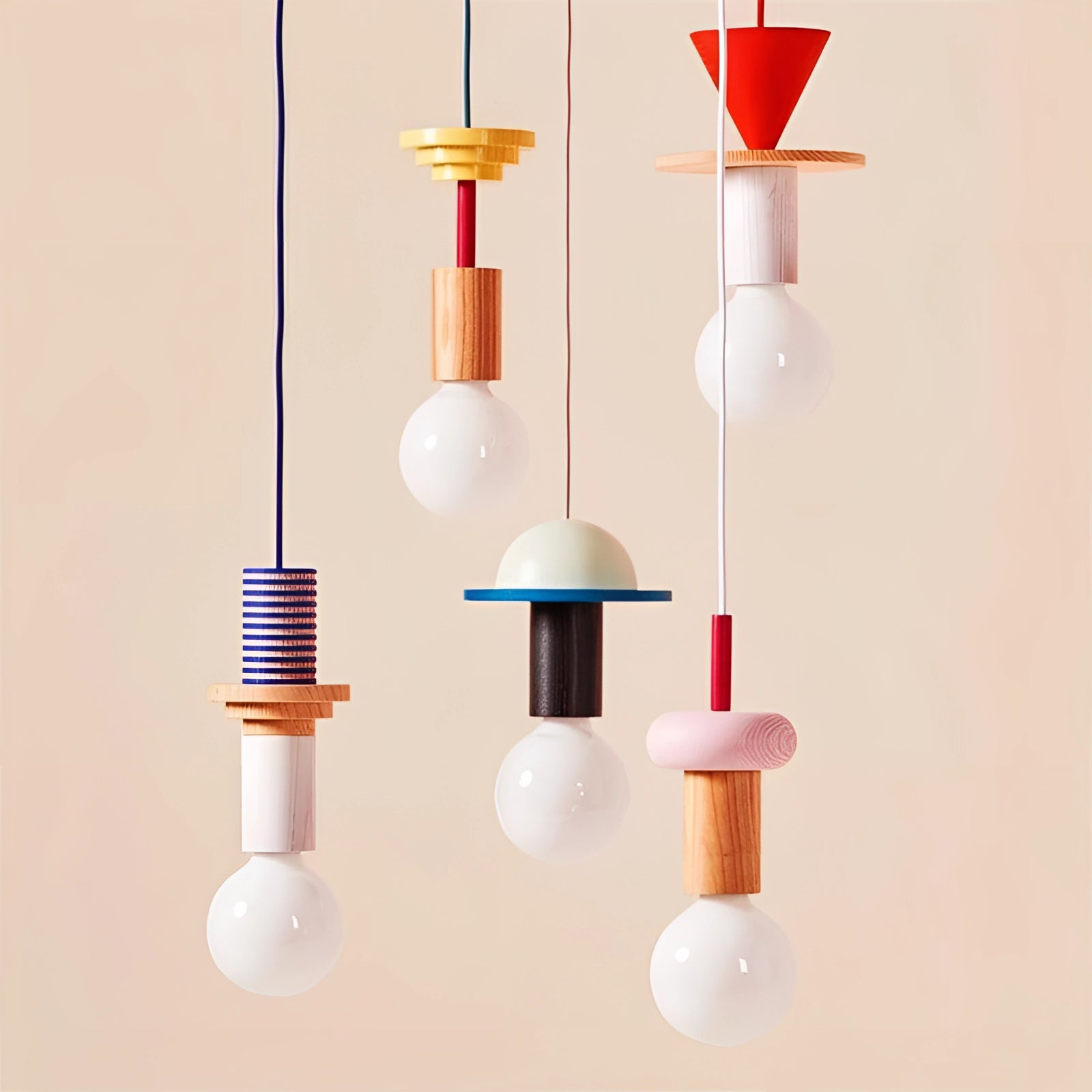Modern Geometric LED Pendant Light with Colorful Wood Blocks hanging from the ceiling, featuring an artistic arrangement of orange and natural wood tones.
