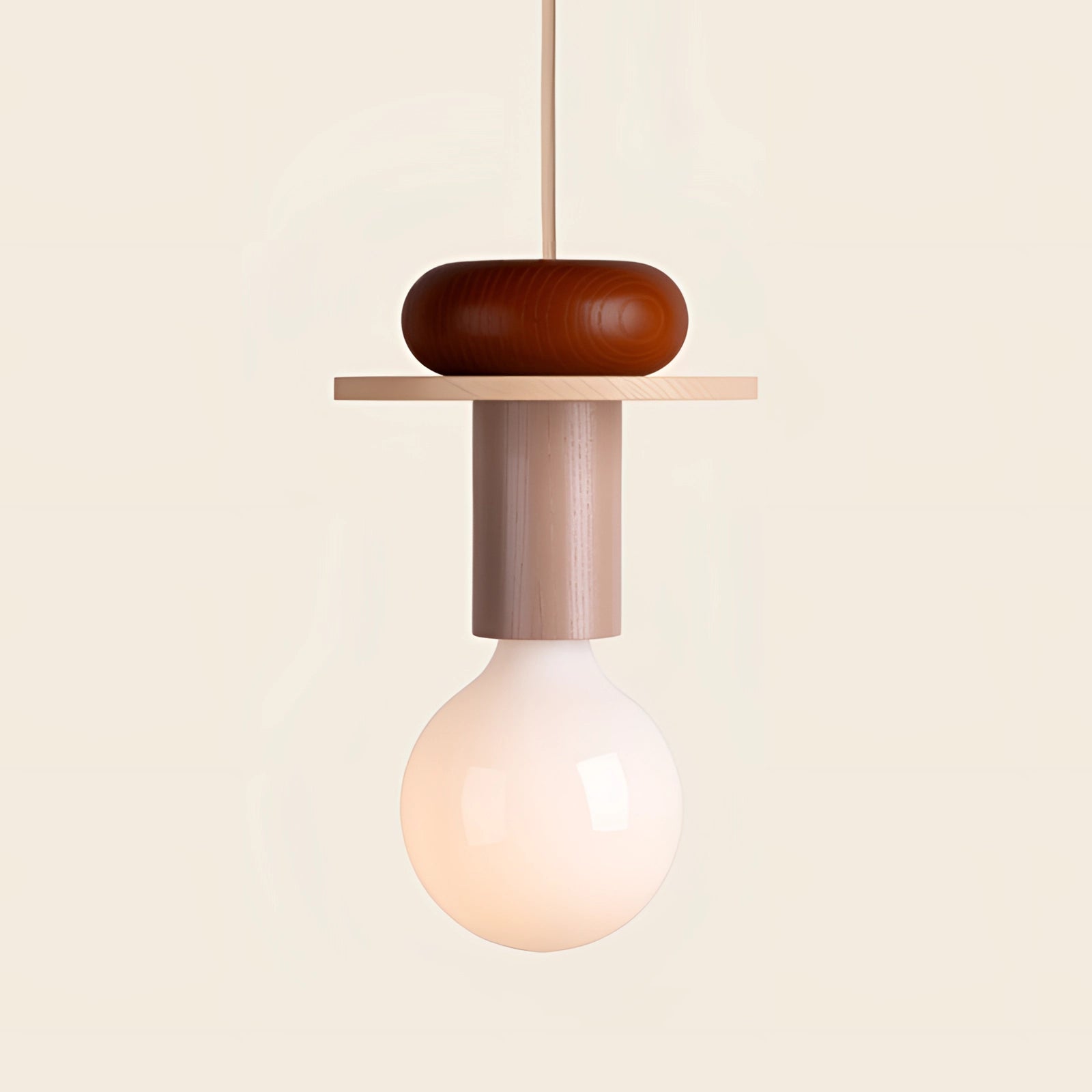 Modern Geometric LED Pendant Light with colorful wood blocks in shades of brown, featuring a contemporary design and warm lighting.