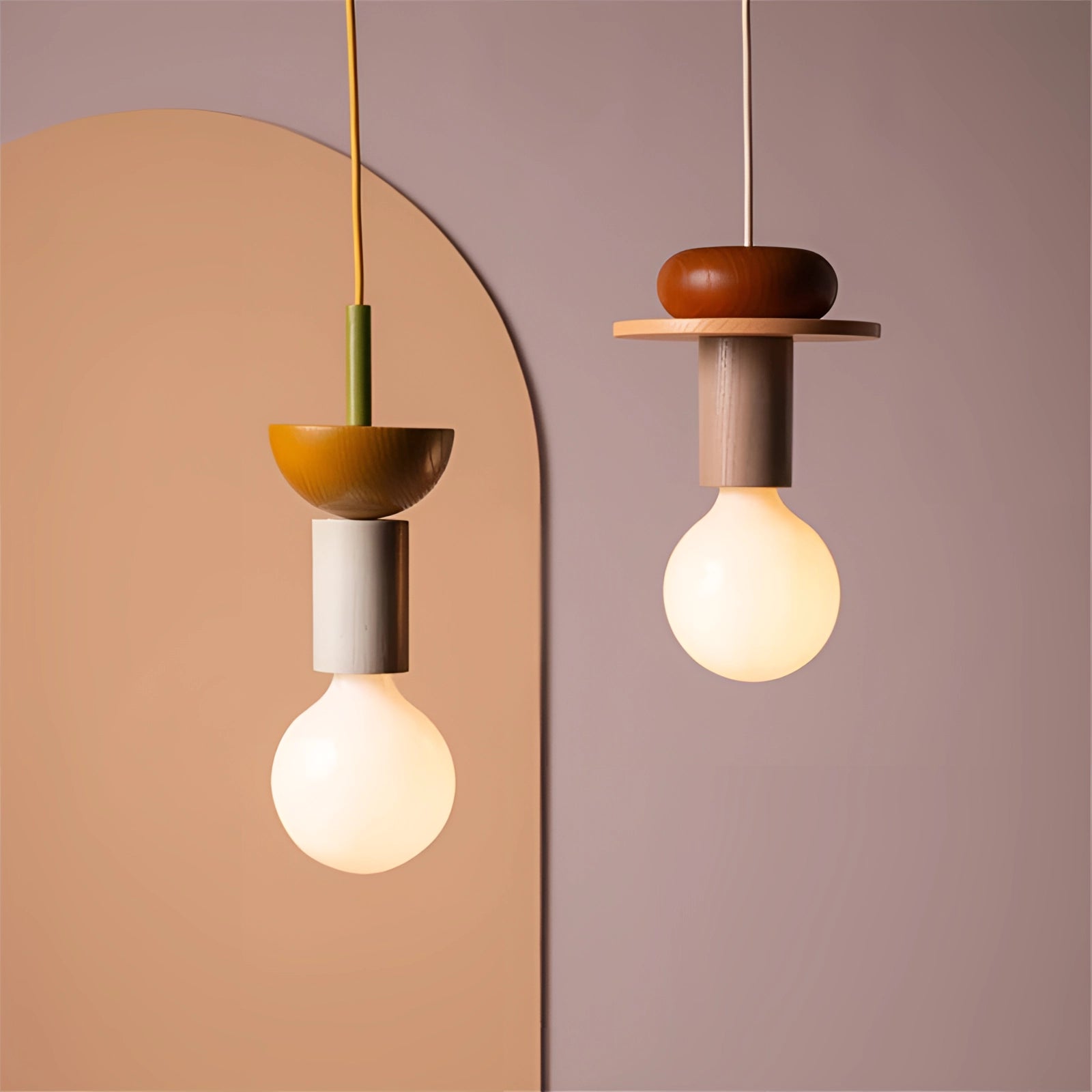 Modern Geometric LED Pendant Light with Colorful Wood Blocks hanging from the ceiling.
