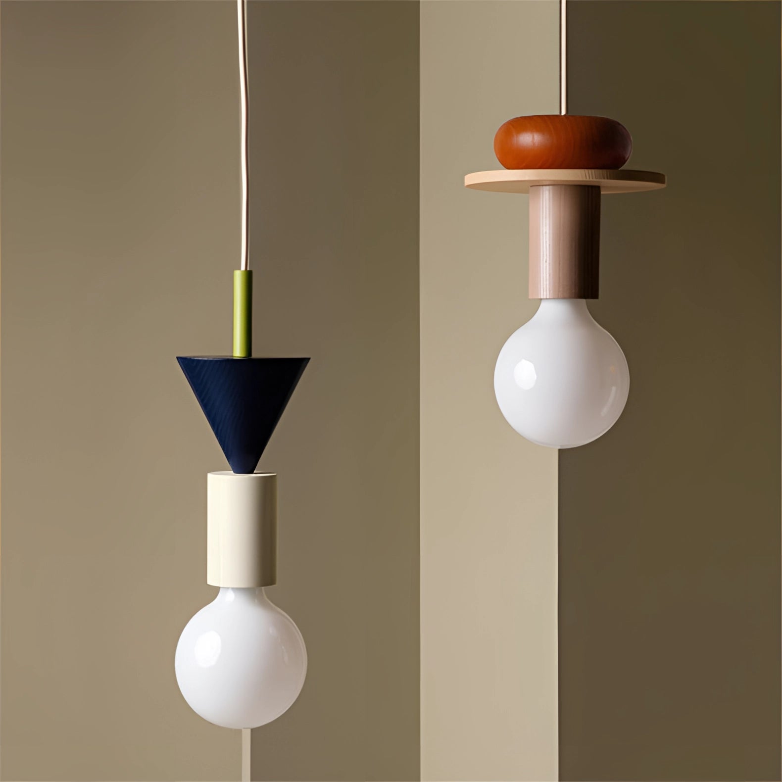 Modern geometric LED pendant light featuring colorful wood blocks, hanging from the ceiling with a circular lampshade.