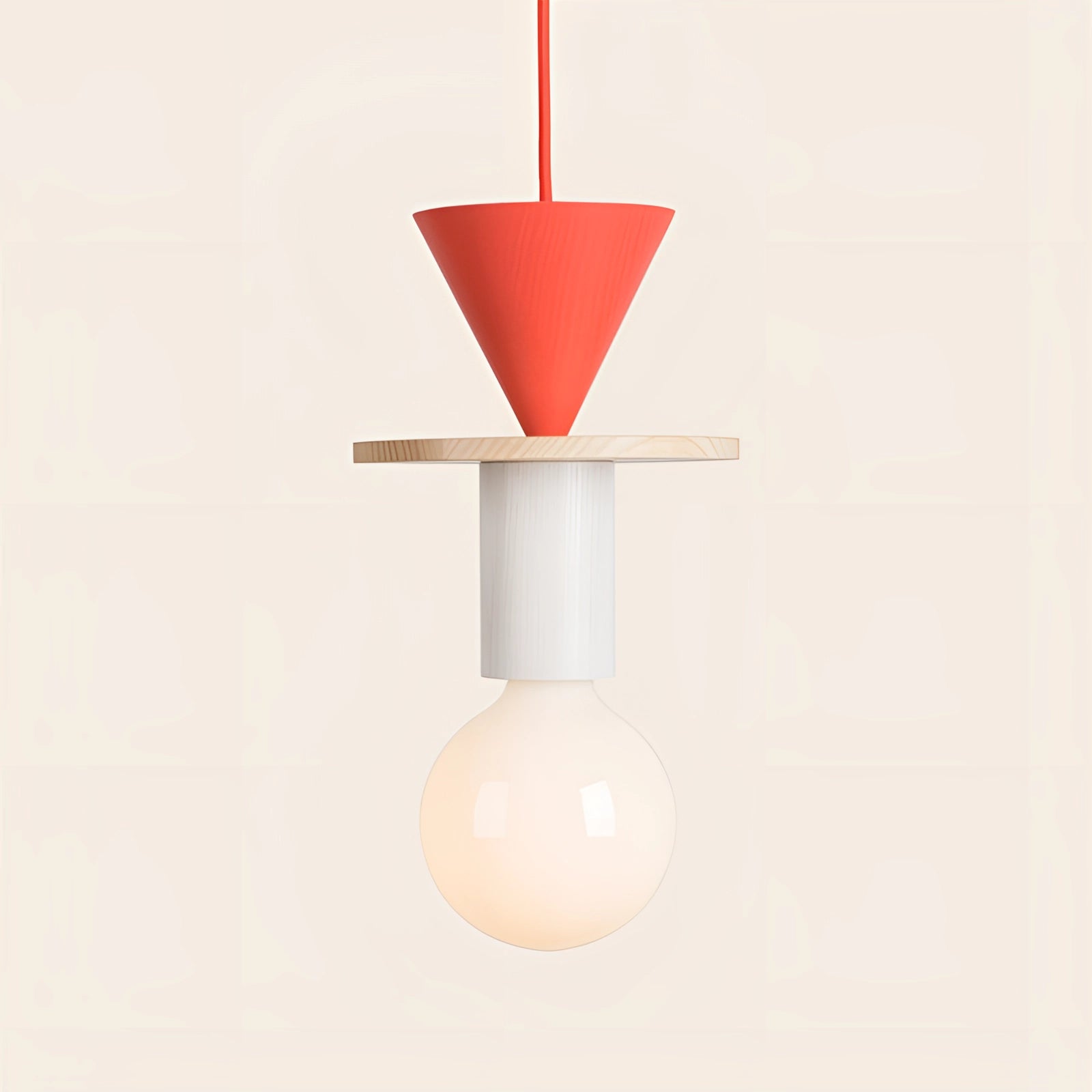 Modern Geometric LED Pendant Light with Colorful Vermilion Wood Blocks Hanging from Ceiling