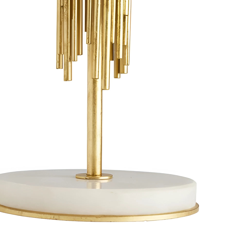 Modern gold floor lamp with white shade featuring elegant vertical rods, suitable for interior design.