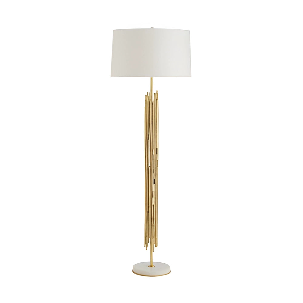 Modern gold floor lamp with white shade featuring elegant vertical rods and a sleek metal base.