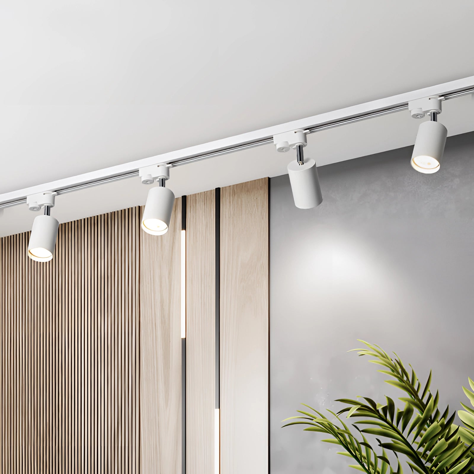 Modern LED track lighting system with adjustable ceiling spotlights installed in a contemporary interior featuring wooden elements, large windows with curtains, and a mix of textiles.