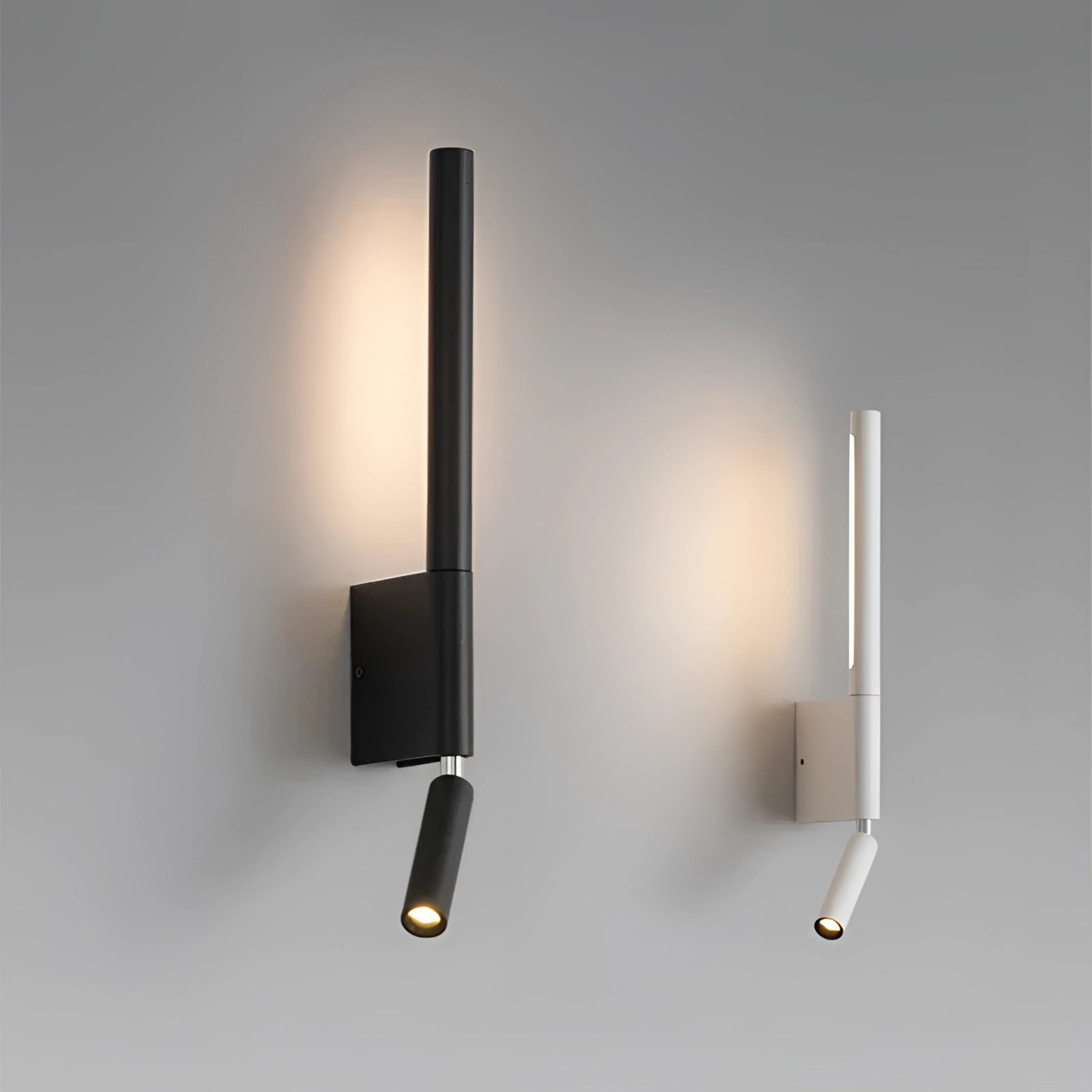 Modern LED wall lamp with a sleek rectangular design, featuring a black finish and minimalist style, suitable for luxury bedroom lighting. The lamp emits a daylight hue and incorporates materials like wood, metal, and glass.