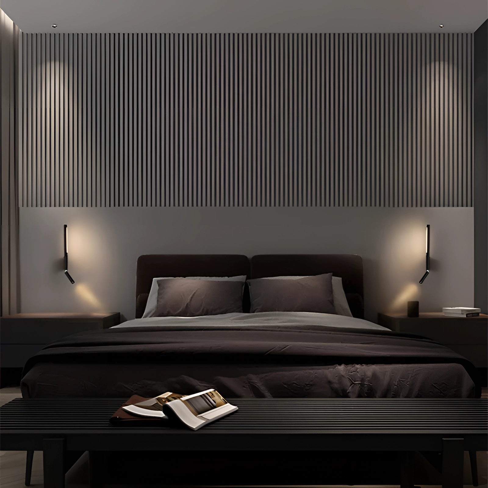 Modern LED wall lamp with a minimalist design, featuring a rectangular shape and a combination of wood and textile elements in brown and black colors. Ideal for bedroom lighting and enhancing comfort and style.