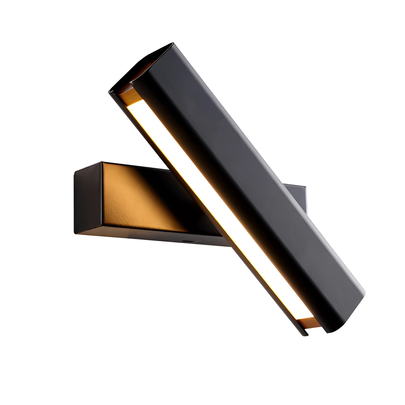 Modern LED wall sconce featuring an adjustable black and gold design. The contemporary lamp is mounted on a rectangular wooden base with metal accents, suitable for enhancing interior spaces with its stylish illumination.