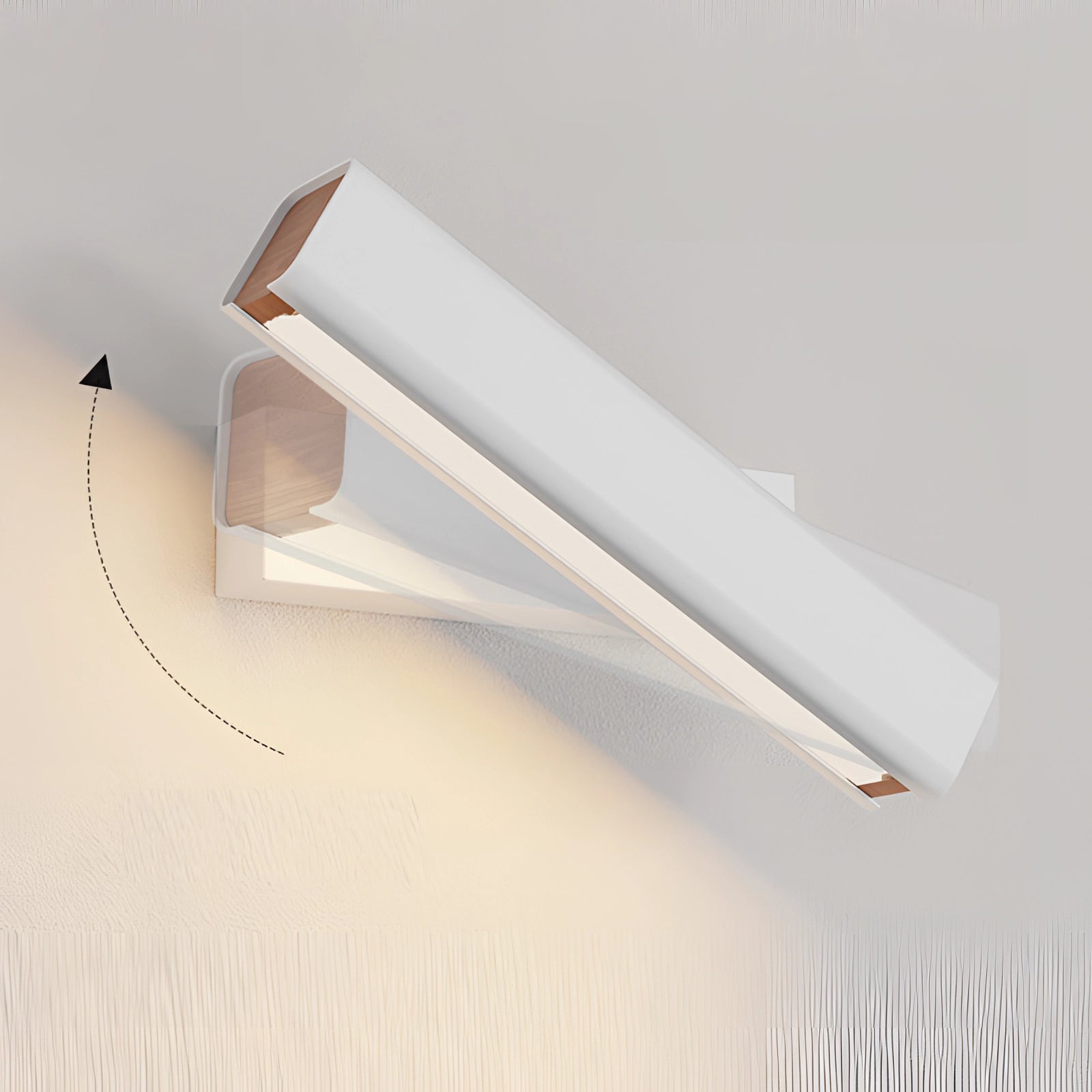 Modern LED wall sconce featuring an adjustable black and gold design, mounted on a wooden wall, illuminating the space with a contemporary style.