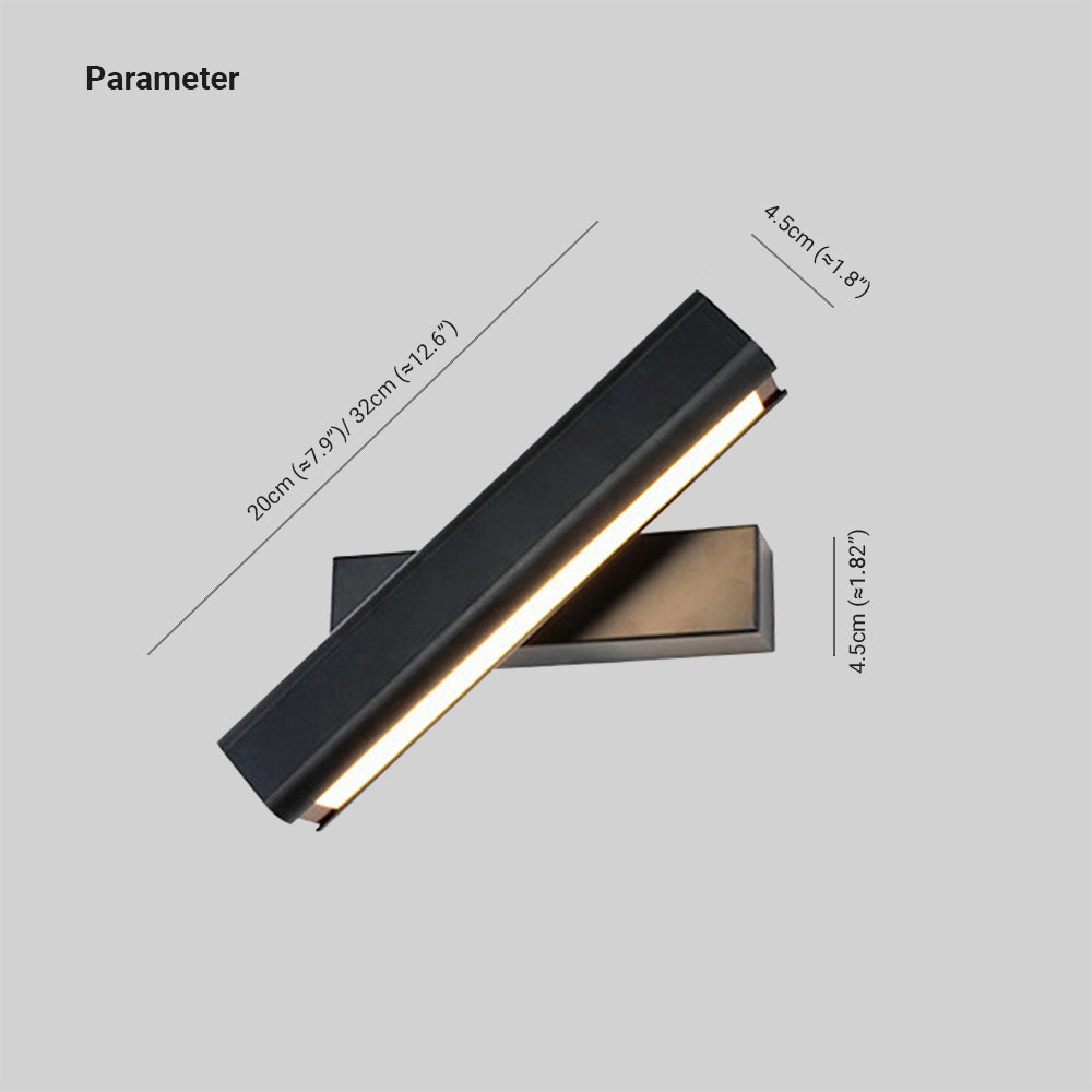 Modern LED wall sconce featuring a sleek black and gold design with an adjustable rectangular shape, mounted on a wall with a contemporary aesthetic.