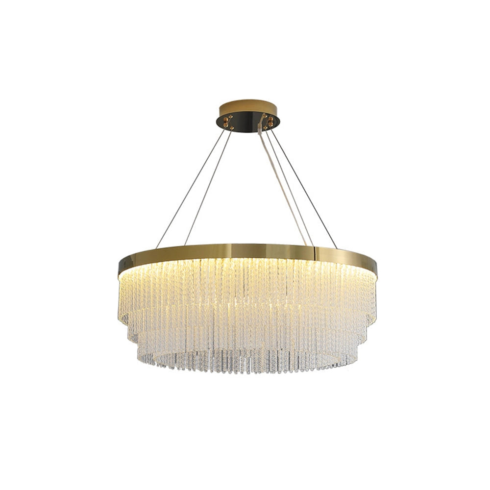 Modern luxury circular crystal LED chandelier with a brass finish, featuring an elegant design, mounted on a ceiling.