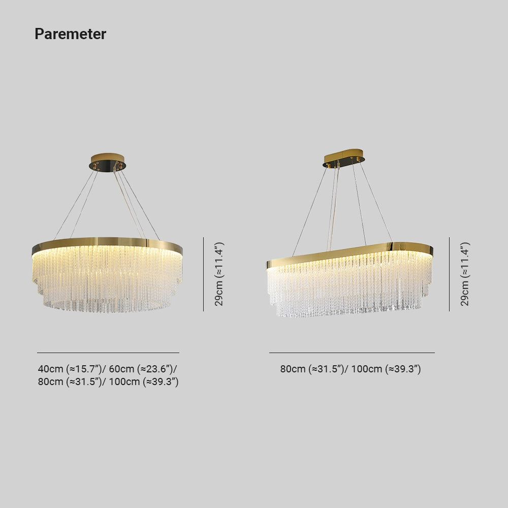 Modern luxury circular crystal LED chandelier with brass finish, featuring an elegant design with suspended crystals and LED lighting, beautifully illuminating the ceiling.