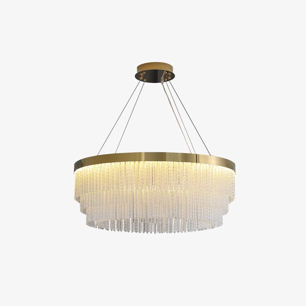 Modern luxury circular crystal LED chandelier with brass finish, showcasing intricate crystal detailing, mounted on a beige ceiling with a sleek and elegant design.