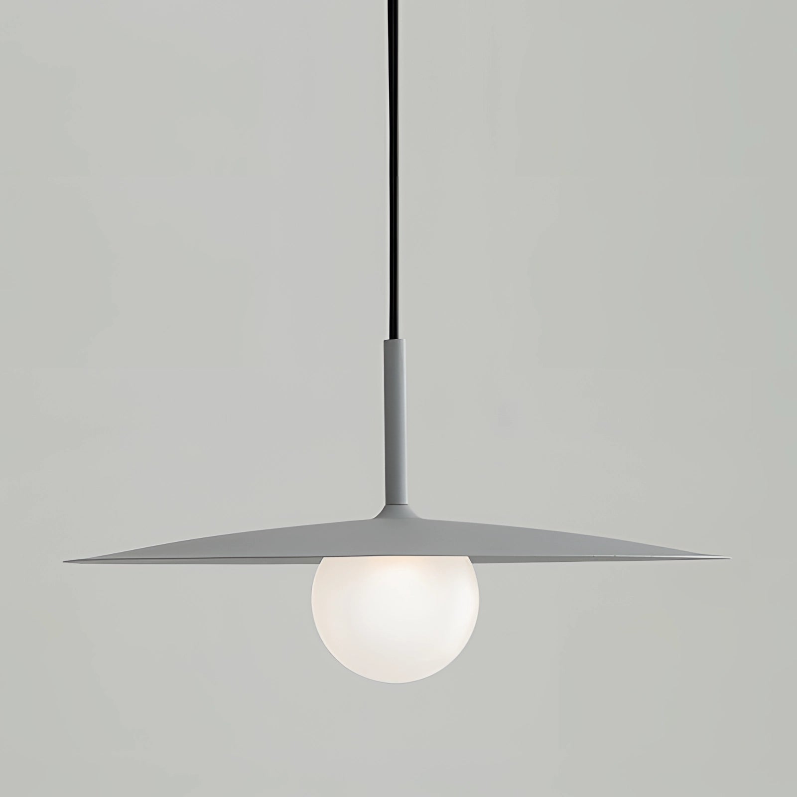 Modern minimalist LED pendant light in a Scandinavian dual-tone design, featuring a large grey circular metal fixture suspended from the ceiling.