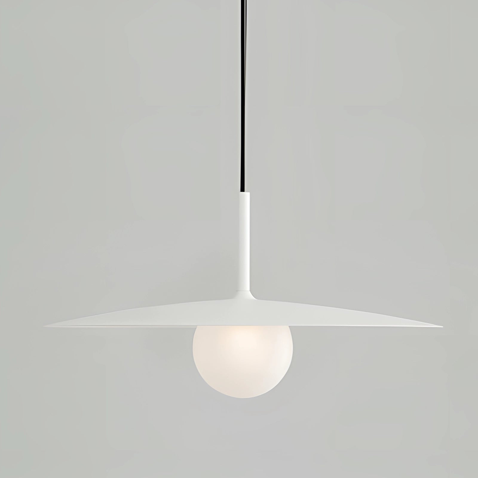 Modern minimalist LED pendant light in a Scandinavian dual-tone design, showcasing a large, circular white fixture made of metal. The ceiling light features a symmetrical structure and serves as a stylish interior design element for contemporary spaces.