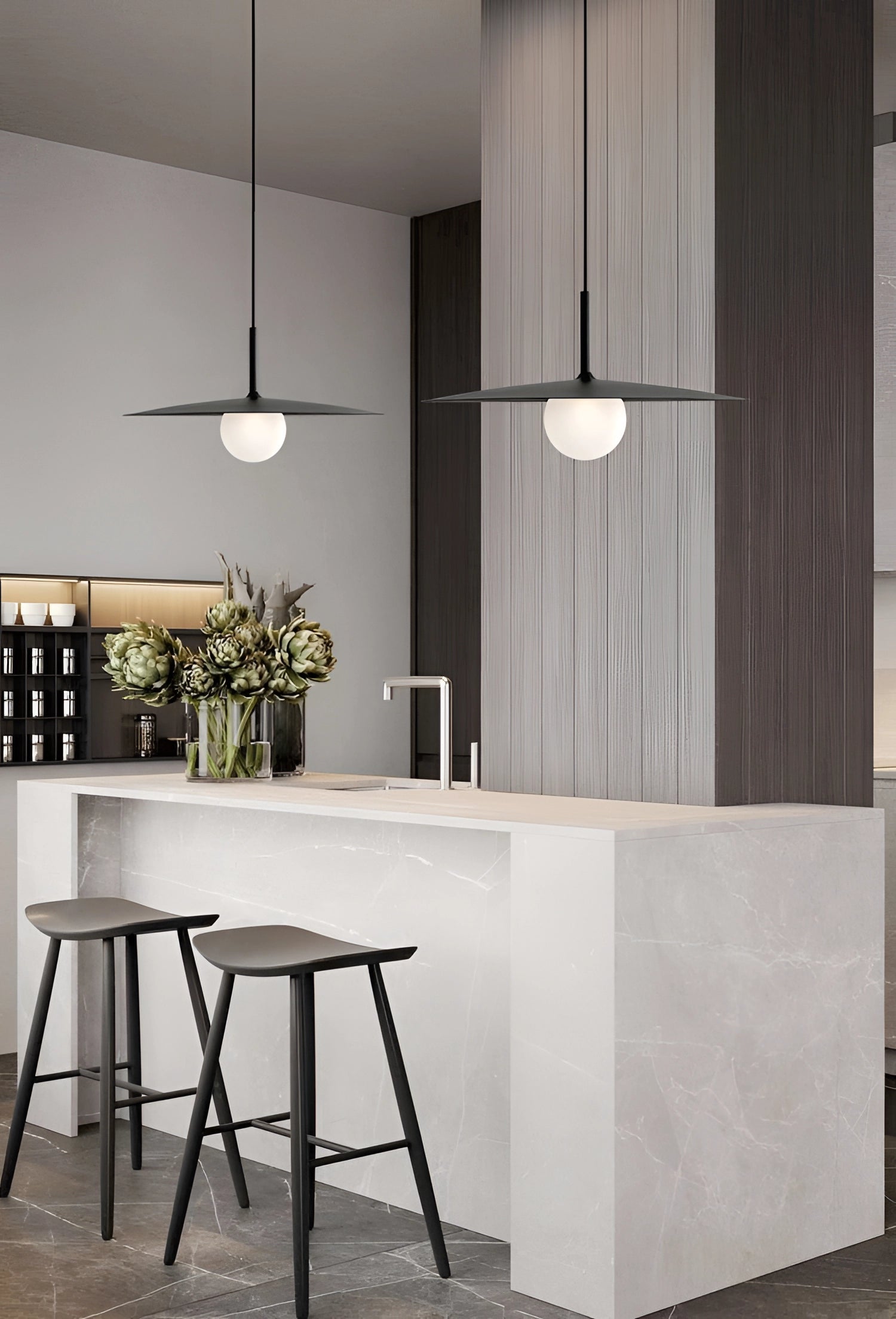 Modern minimalist LED pendant light with a Scandinavian dual-tone design hanging above a wooden dining table, surrounded by houseplants, showcasing sleek interior design elements.