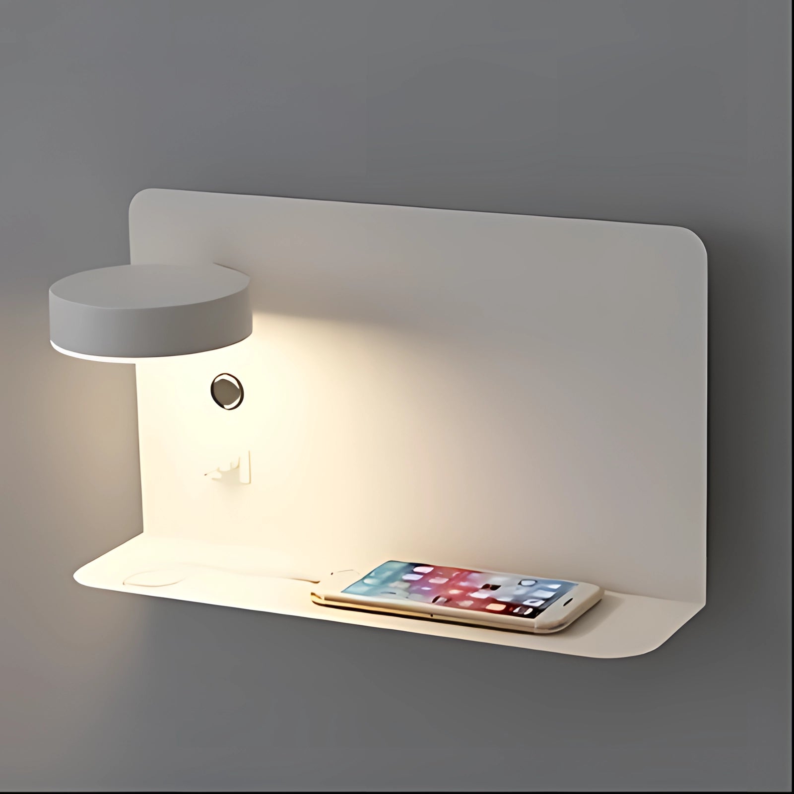 Modern minimalist LED wall lamp in large white with a left-facing design, featuring an integrated USB charger and a sleek shelf.
