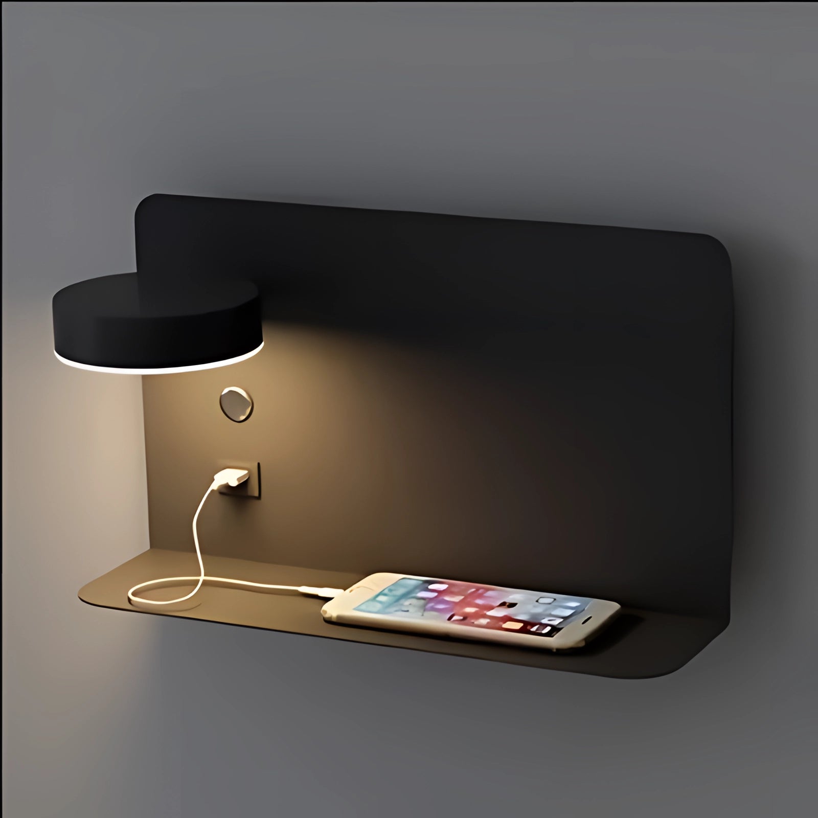 A large black modern minimalist LED wall lamp featuring a rectangular design with a built-in USB charger and shelf. The lamp is mounted on a dark wooden panel, adding a sleek and functional element to any room.