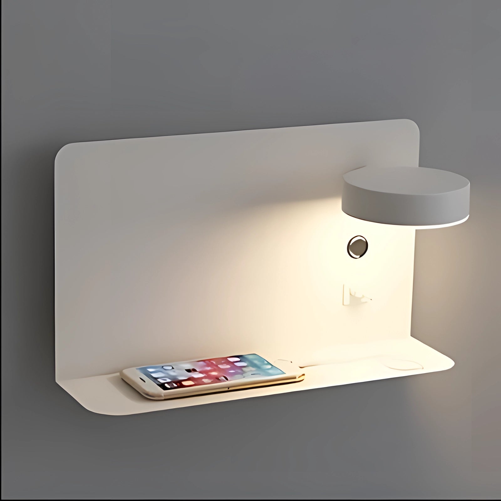 Modern minimalist LED wall lamp in large white with an integrated USB charger and shelf, featuring a sleek rectangular design.