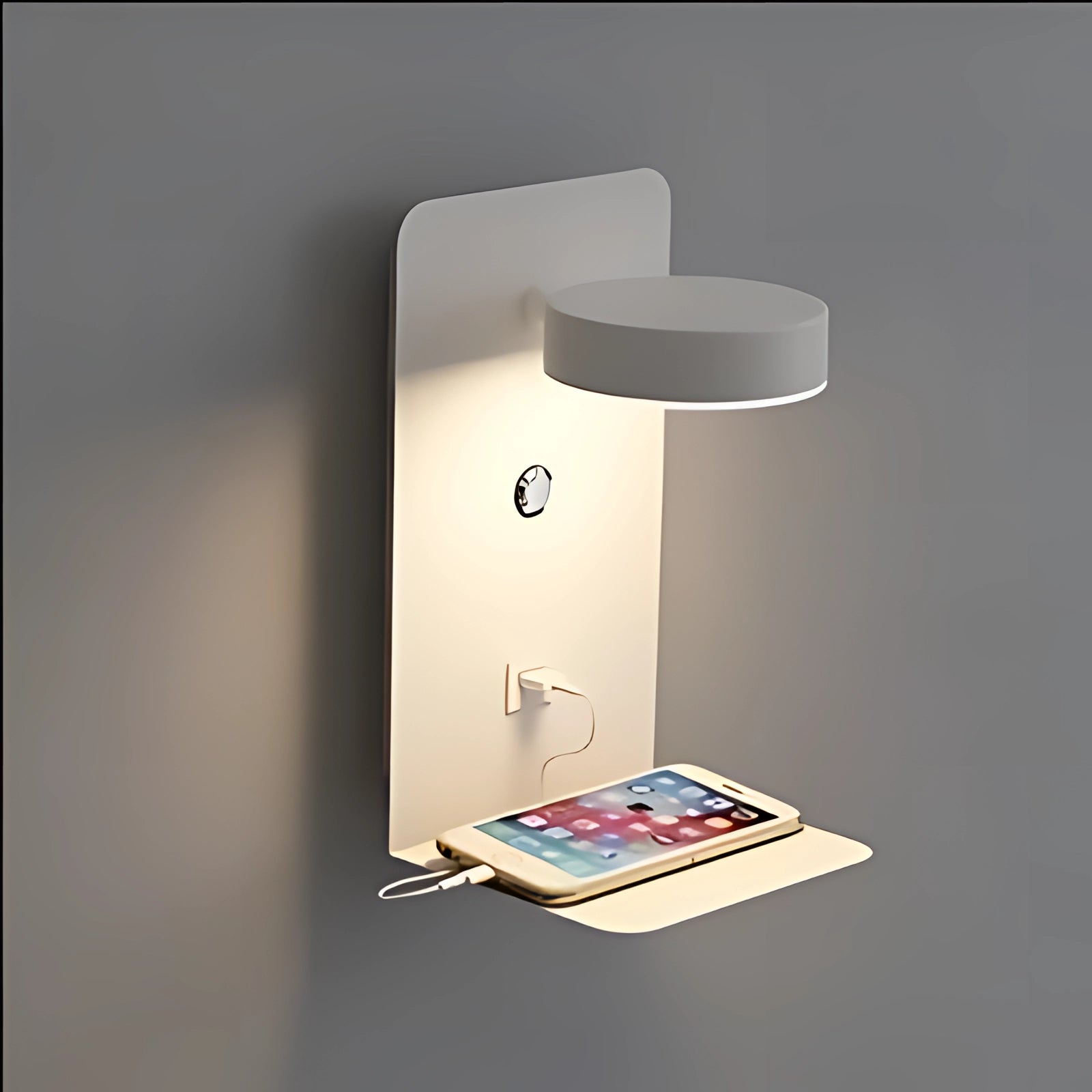 Modern minimalist white LED wall lamp with integrated USB charger and shelf, featuring a sleek rectangular design and wooden accents.