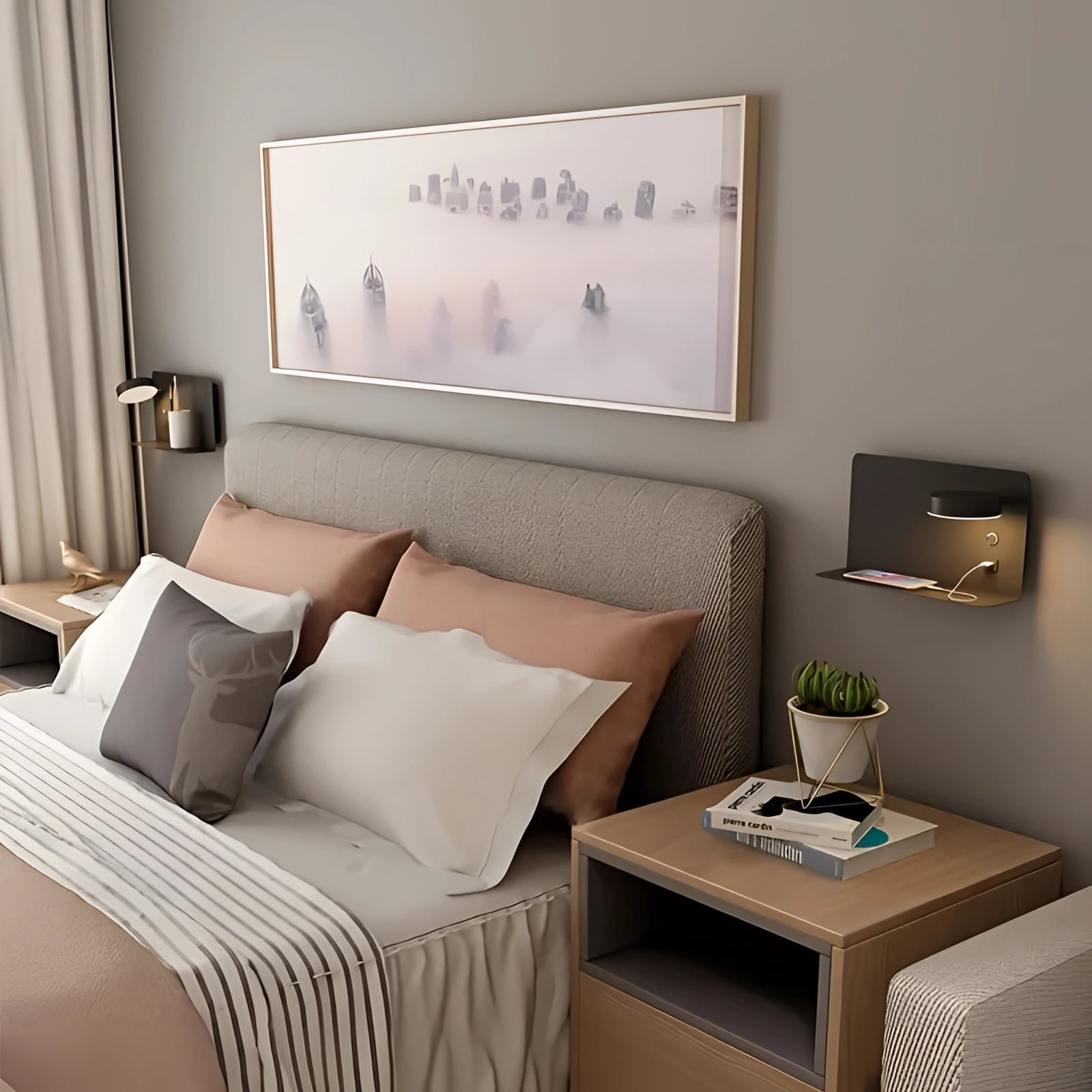 Modern minimalist LED wall lamp with USB charger and shelf mounted on a wall in a stylish interior setting, complemented by furniture and decor elements such as a table, picture frame, plant, and wood accents.