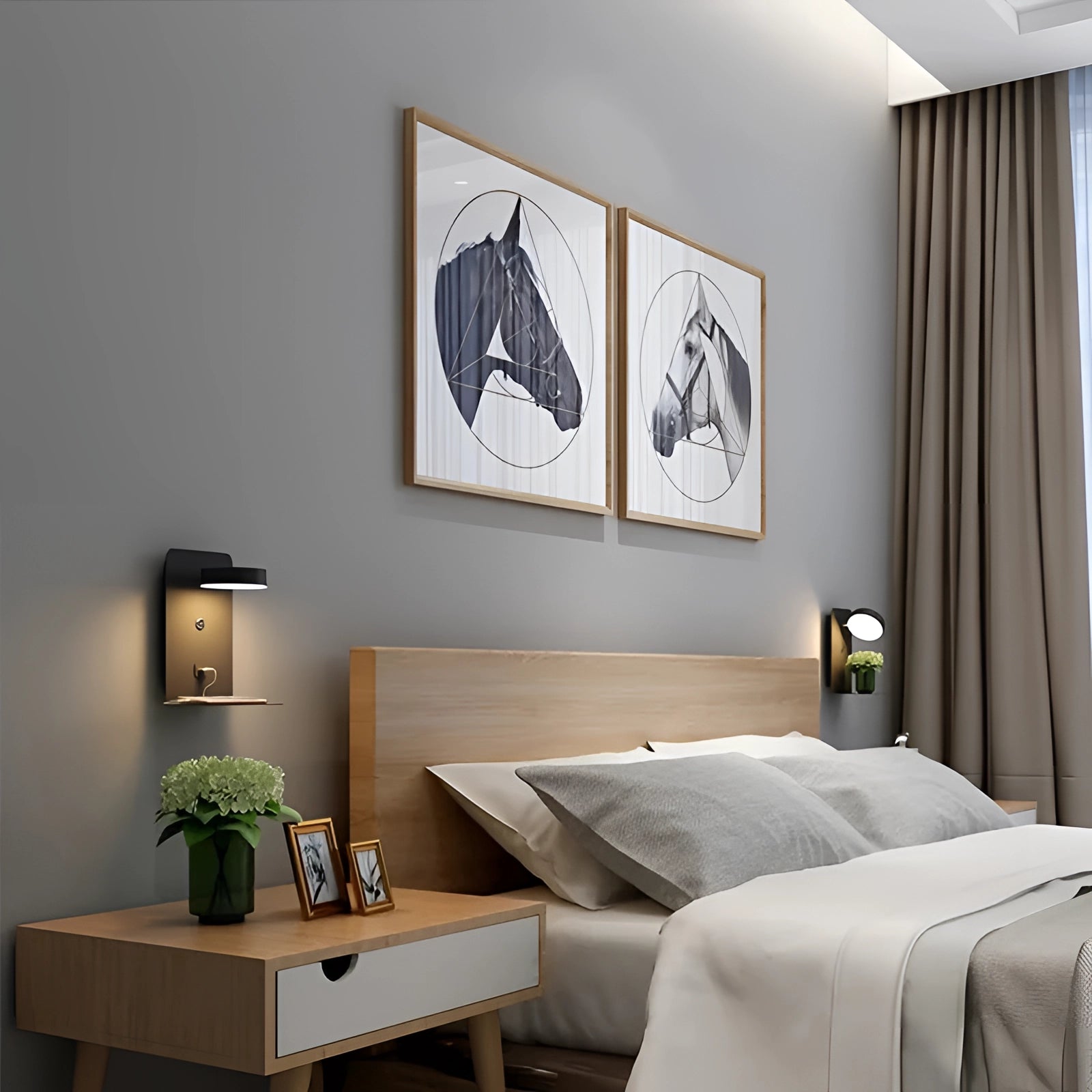 Modern minimalist LED wall lamp featuring a sleek design with a USB charger and integrated shelf, set against a contemporary interior backdrop with grey tones and wooden accents.