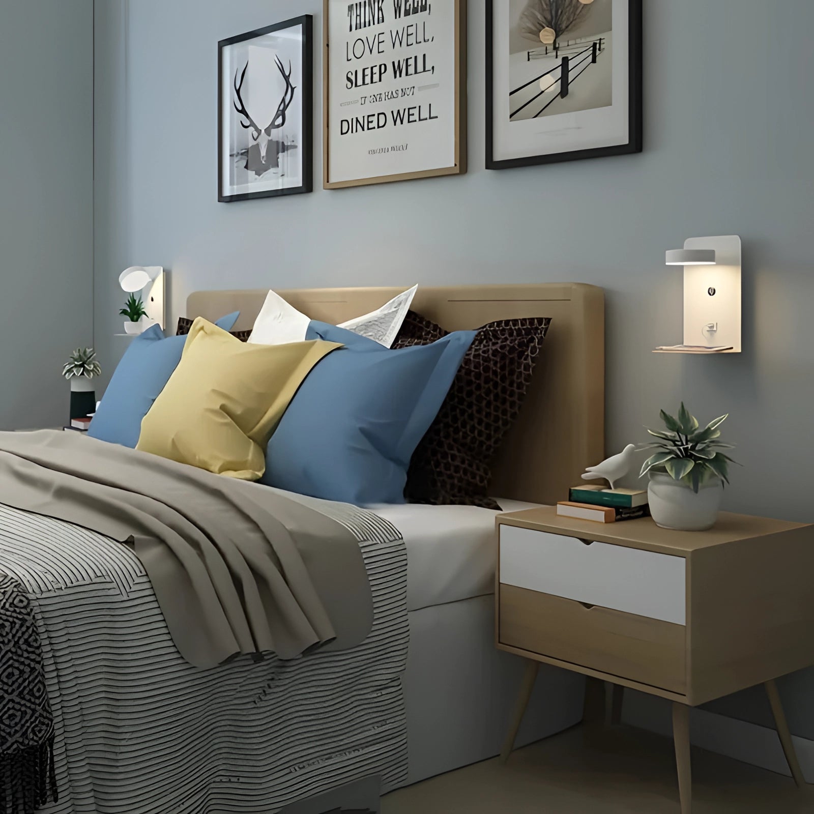 Modern minimalist LED wall lamp with a built-in USB charger and shelf, mounted on a wall above a wooden surface. The setting includes a picture frame, and a cozy interior design with soft pillows, emphasizing a blend of comfort and functionality.