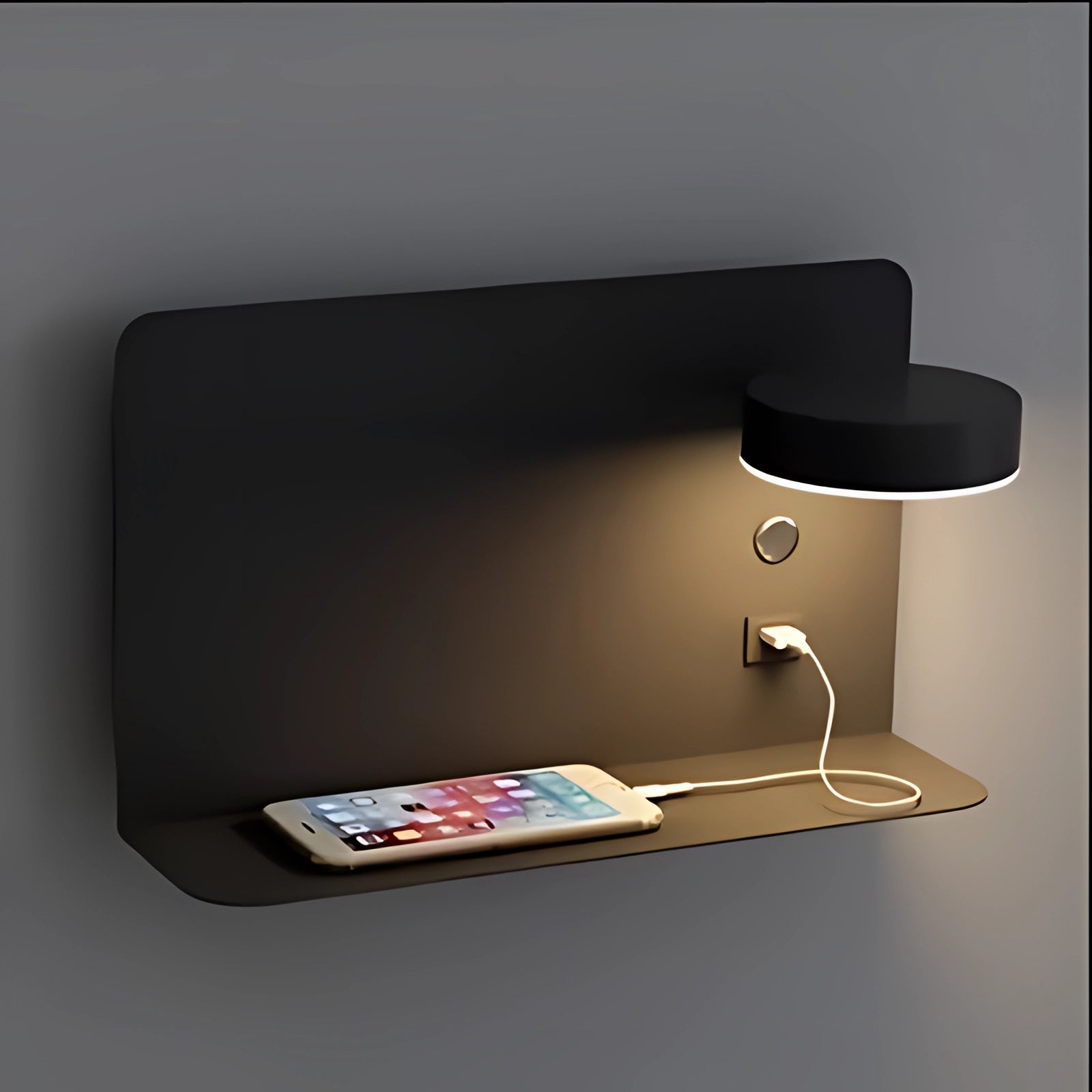 Modern minimalist black LED wall lamp with built-in USB charger and shelf, featuring a rectangular design with a sleek wood finish and a lampshade, providing functional lighting and storage.
