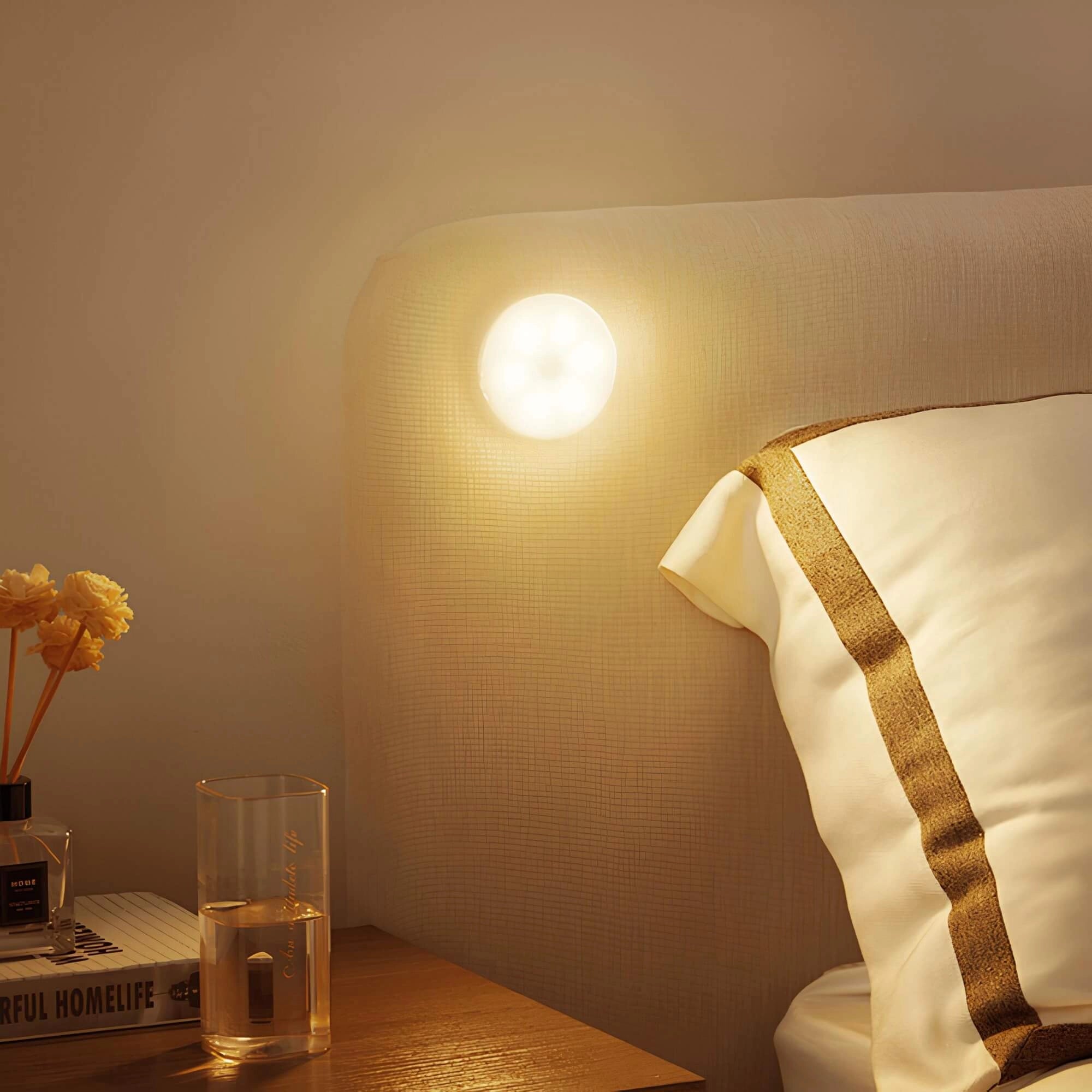 Modern minimalist wall lamp with warm white LED lighting, featuring a stylish design that blends amber and wood elements, enhancing the comfort and interior decor of the space.