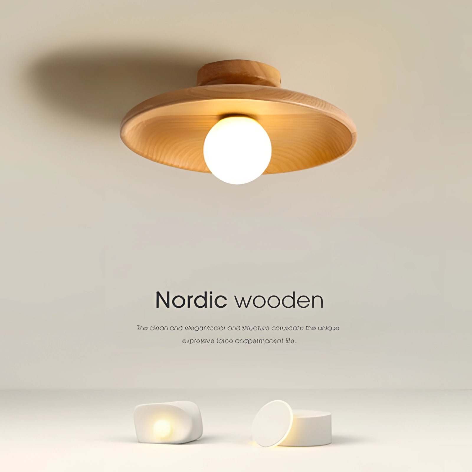 Modern minimalist wooden ceiling light with warm amber tones and a soft ambient glow, featuring a circular design and light bulb.
