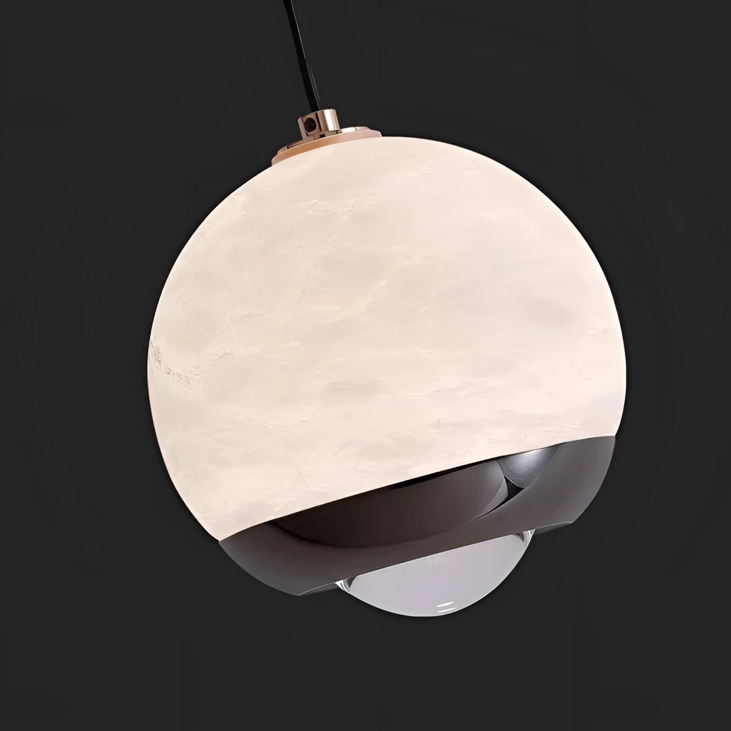 Modern minimalist white spherical pendant light hanging from ceiling with wooden accents, ideal for bedroom decor.