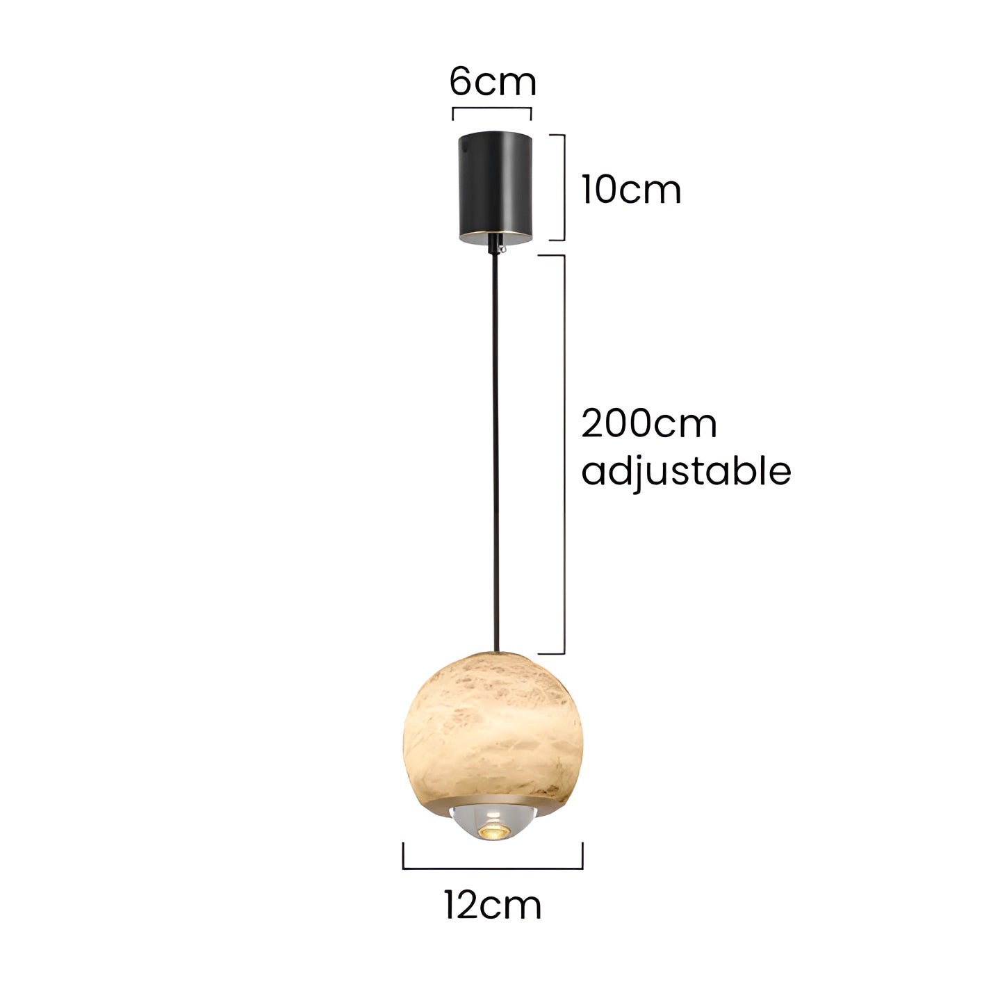 Modern minimalist white spherical pendant light hanging from ceiling in a bedroom, featuring a sleek and transparent design with metal accents.