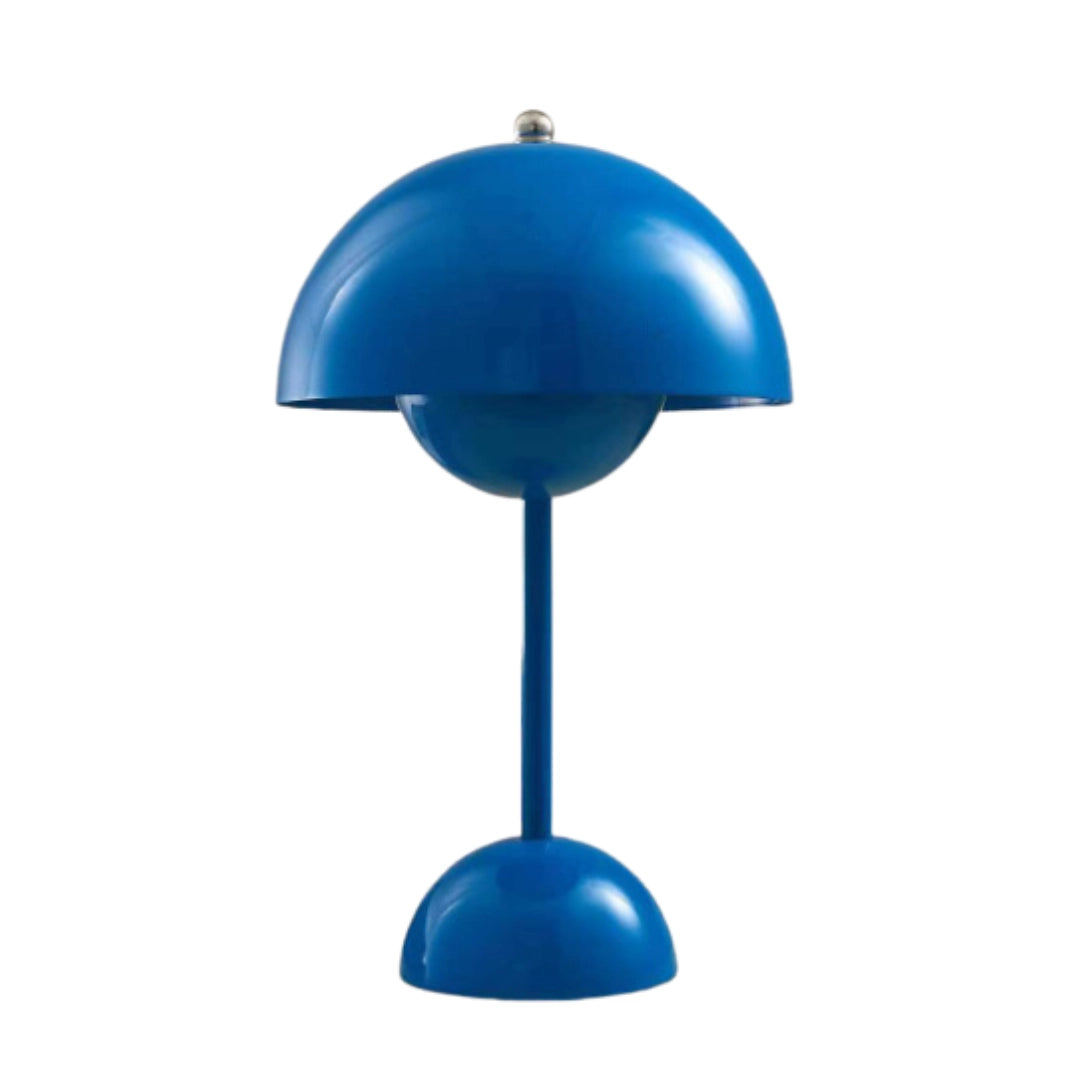 Modern blue table lamp with a minimalist design featuring a spherical light on an adjustable stand.