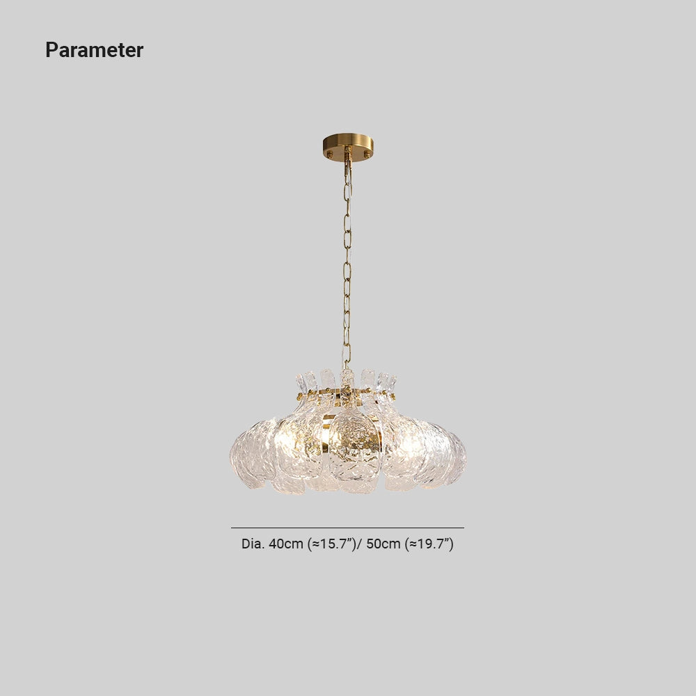Luxurious modern pear-shaped glass chandelier with gold chain, featuring an elegant design reminiscent of intricate jewelry or holiday ornaments.