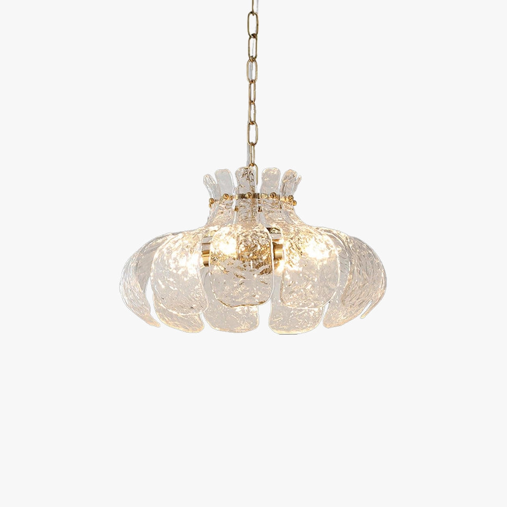 Modern pear-shaped glass chandelier with gold chain, featuring a luxurious design that incorporates natural materials and metal elements, suitable as a stylish ceiling fixture for elegant interiors.
